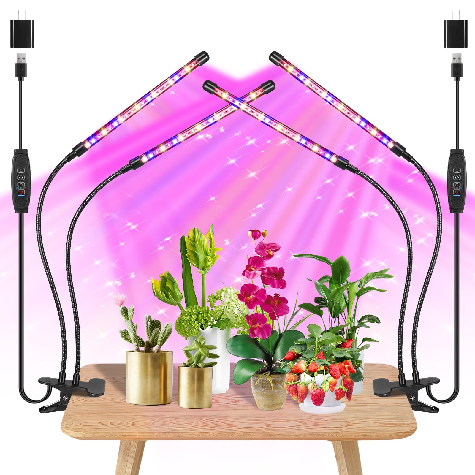 Black 2-Tube Clip-On Grow Light with Red/Blue/Yellow LEDs, Full Spectrum, 6/12/16H Timer, 3 Modes & 10 Dimmable Levels, for Indo