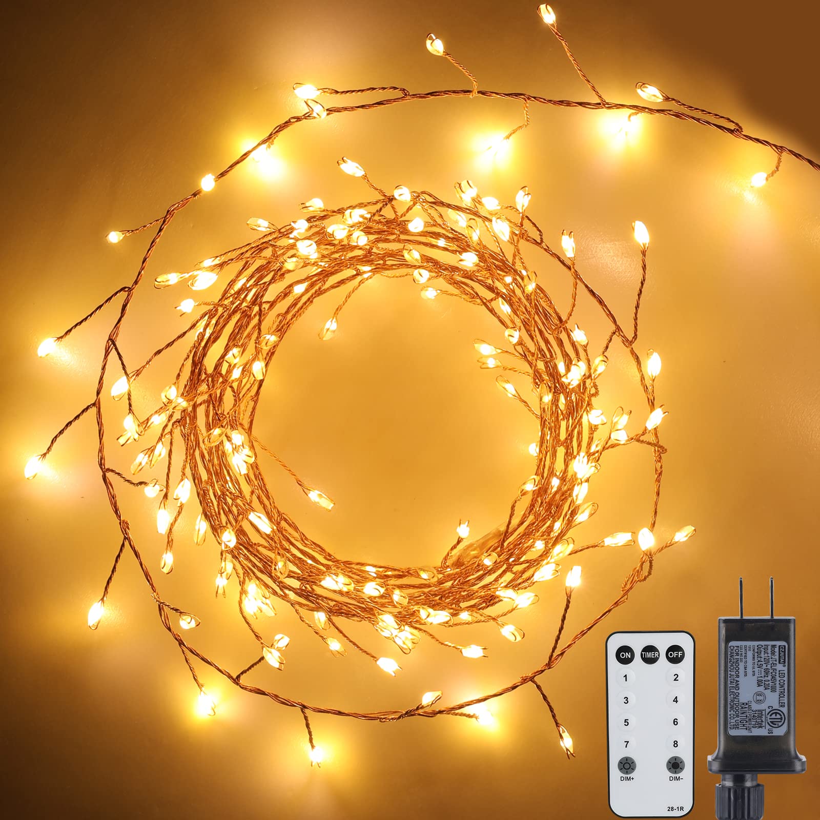 Minetom Fairy Lights Plug in, 23Ft 400LED Copper Wire String Lights, Warm White - Remote, Waterproof for Ceiling & Christmas Decoration