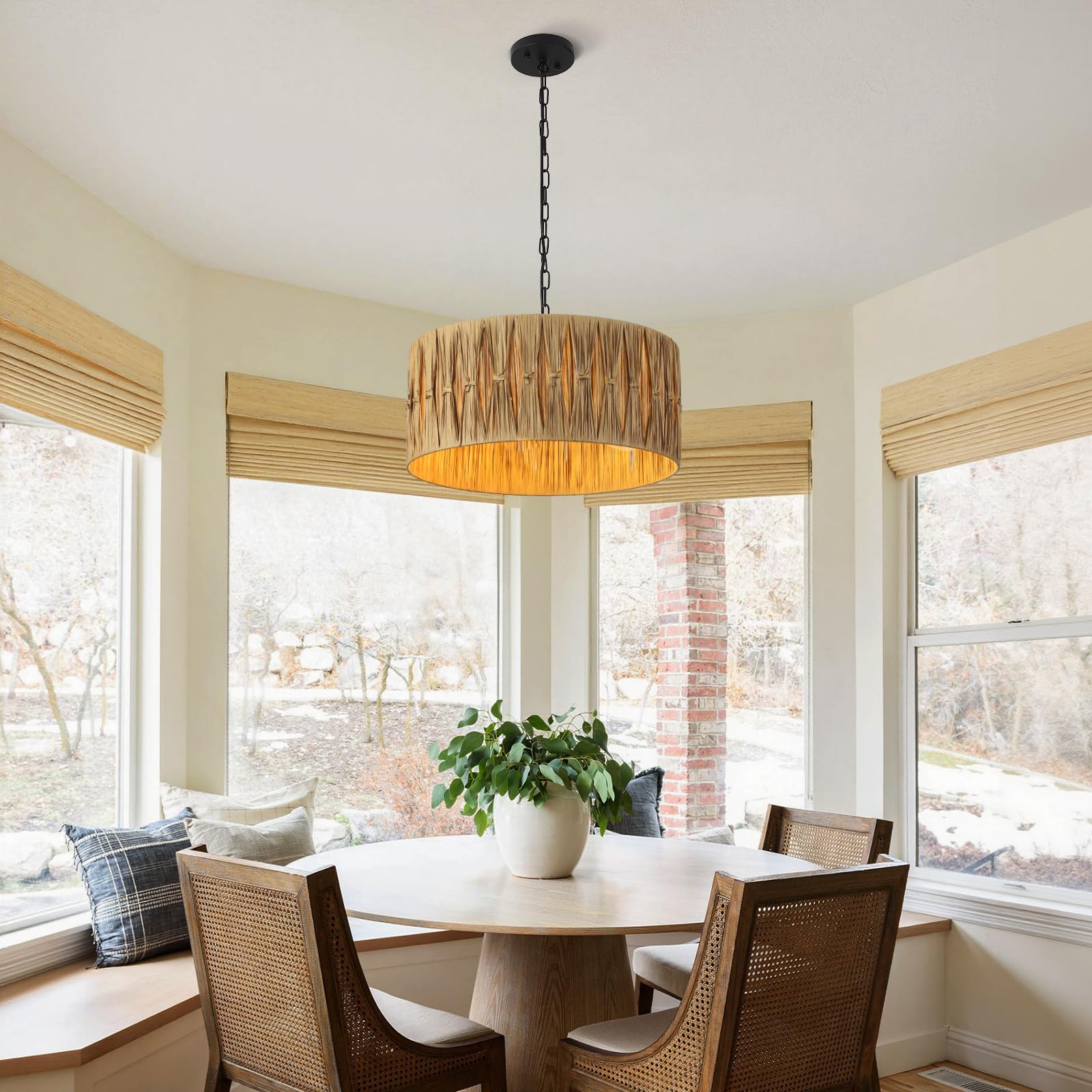 Karjearl 5-Light Boho Chandelier Light Fixture, 19'' Large Raffia Drum Chandelier Hand Woven Coastal Pendant Light For Dining Ro