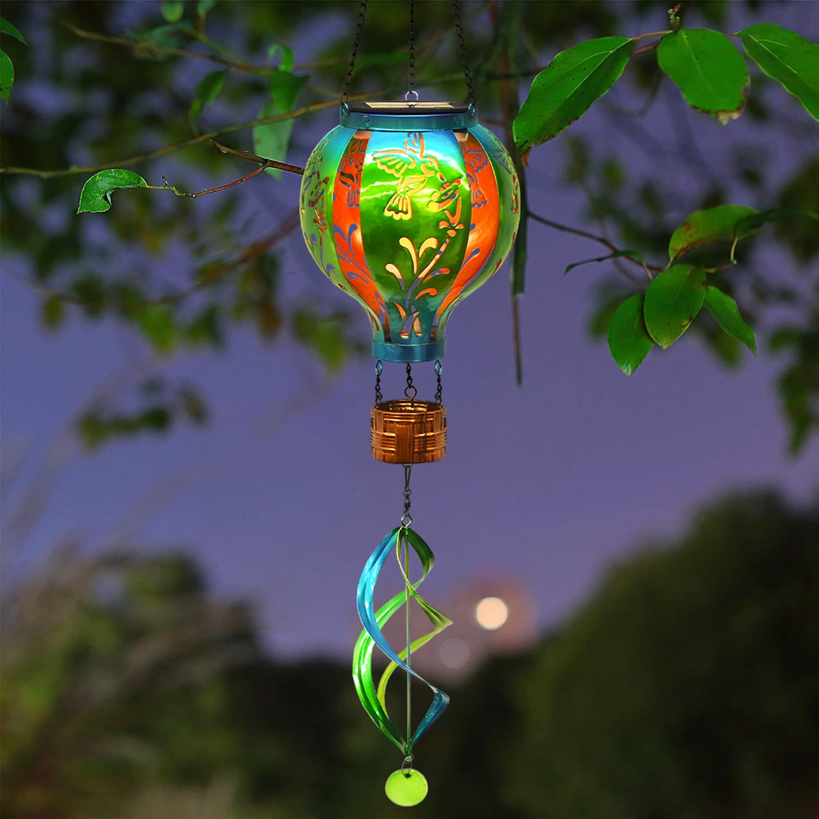 SUNNYPARK Green Hot Air Balloon Solar Lantern - Hummingbird Wind Spinner with Flickering Flame Light for Outdoor Patio Garden Decor