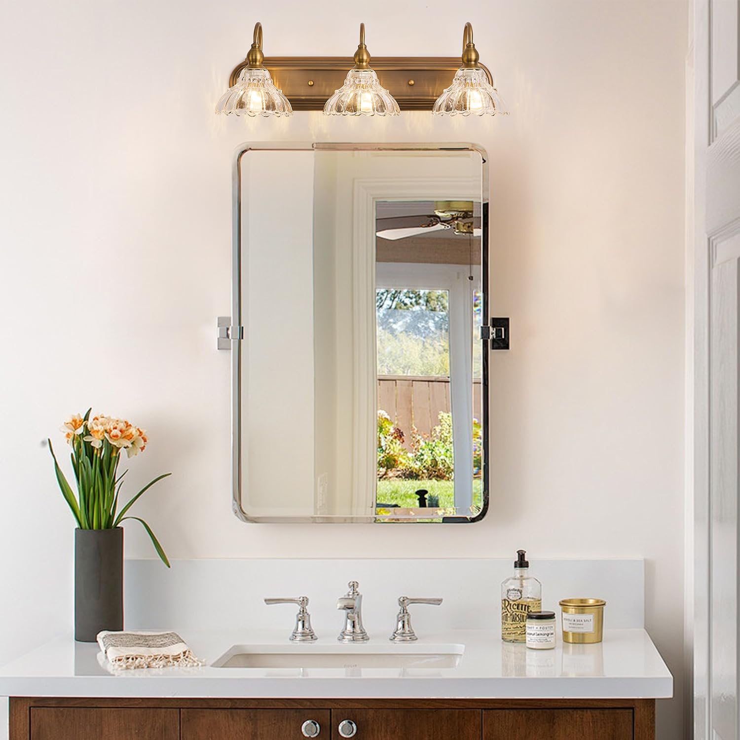 TLOLGT Vintage 3-Light Bathroom Vanity Lighting Fixture, Brass Glass Sconces, Retro Design, Model CP178-3T