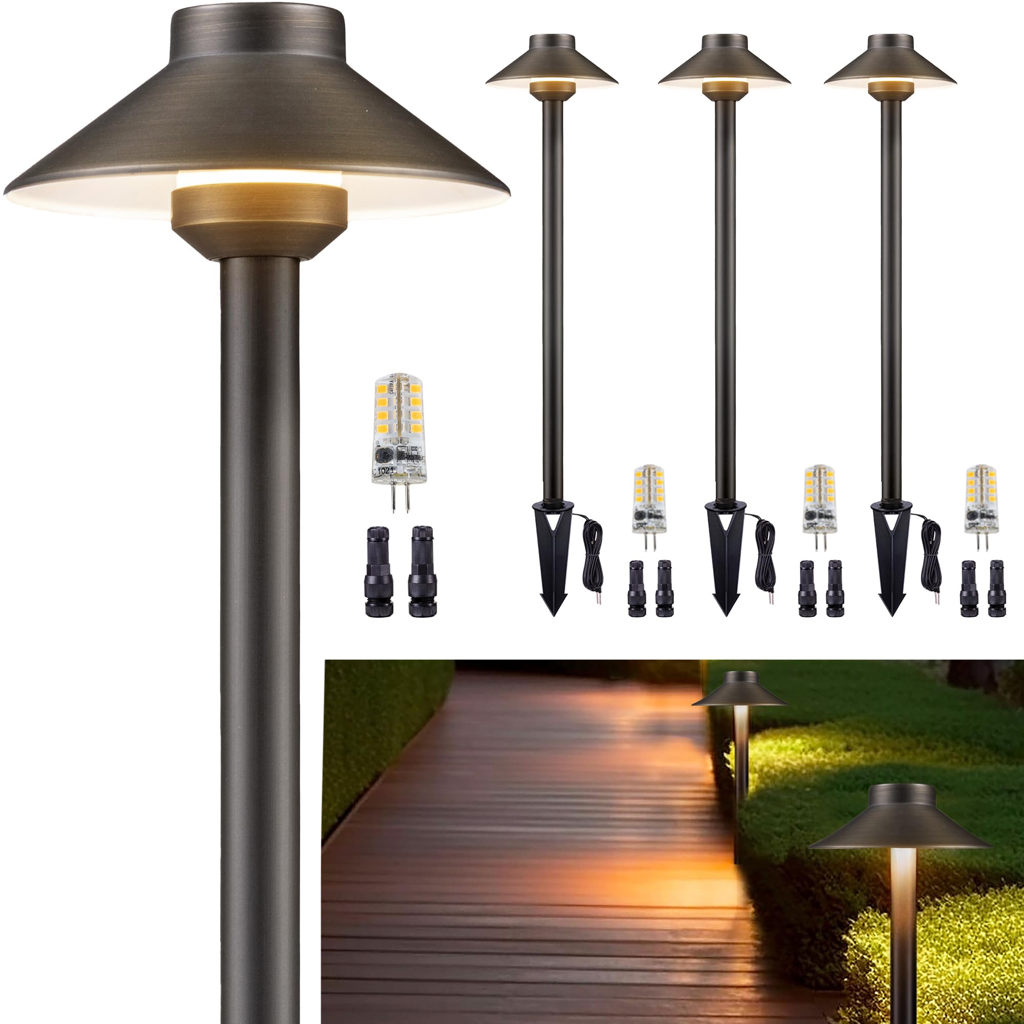 Gardenreet Low Voltage Landscape Lighting Brass Path Lights, 12V Waterproof, 3W 5000K G4 Bulb, 4-Pack, Bronze