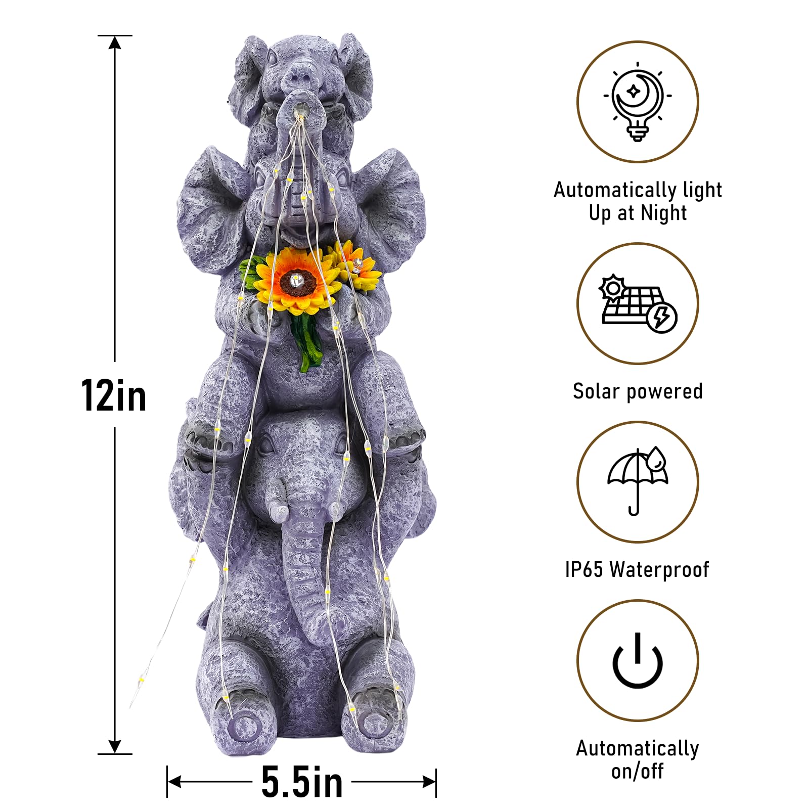 Solar Garden Decor Elephant Statue Outdoor  Luck Triple Elephant Decorations For Yard Porch Lawn Patio - Ideal Gifts For Women Mom Grandma Senior Elder Or Birthdays 12