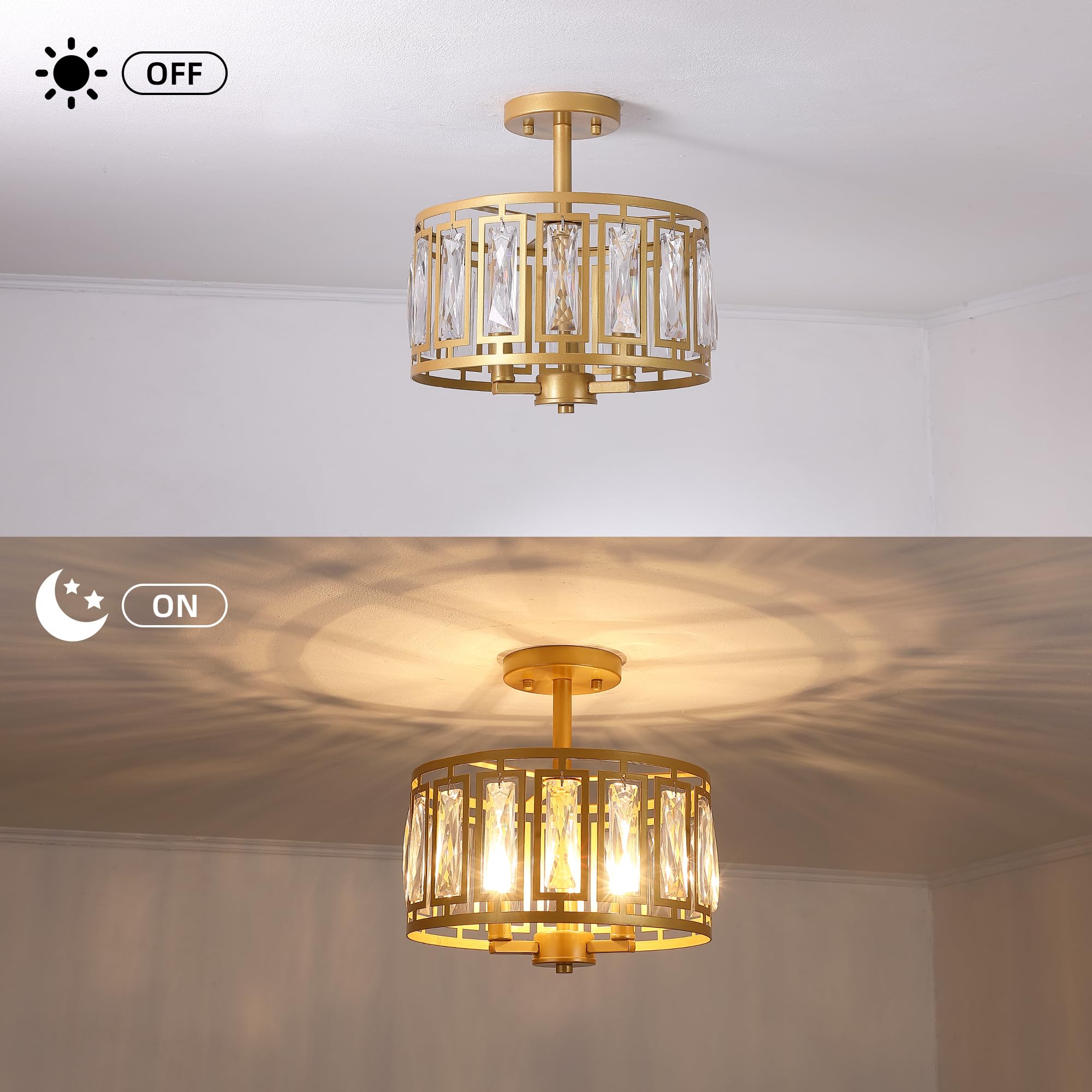 Crystal Ceiling Light Fixture, Modern Semi Flush Mount Ceiling Light, Gold Lighting Chandelier For Kitchen, Bedroom, Dining Room