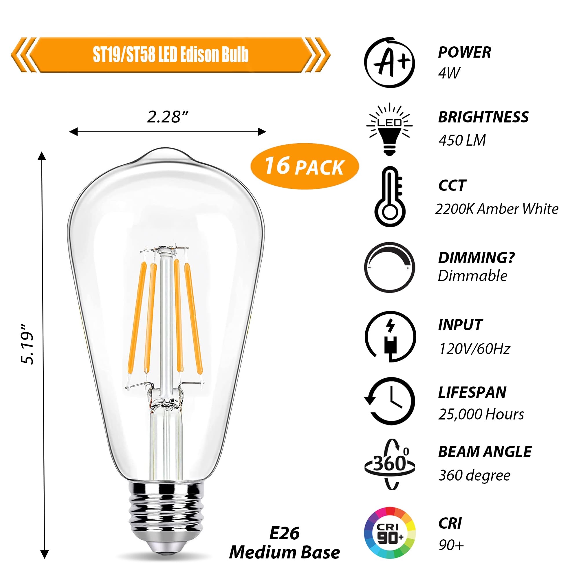 16 Pack Led Edison Bulbs 40W Equivalent, Dimmable 4 Watt Filament Bulb, 2200K Amber White St19 Light Bulb, 450Lm E26 Vintage Led