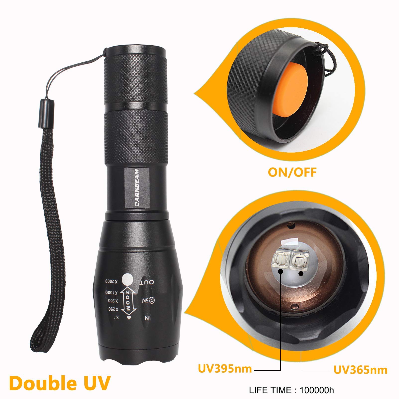 DARKBEAM UV 2in1 Flashlight - 365nm & 395nm Blacklight, Portable Aluminum Mini Torch for Pet Stains & Anti-counterfeiting Detection