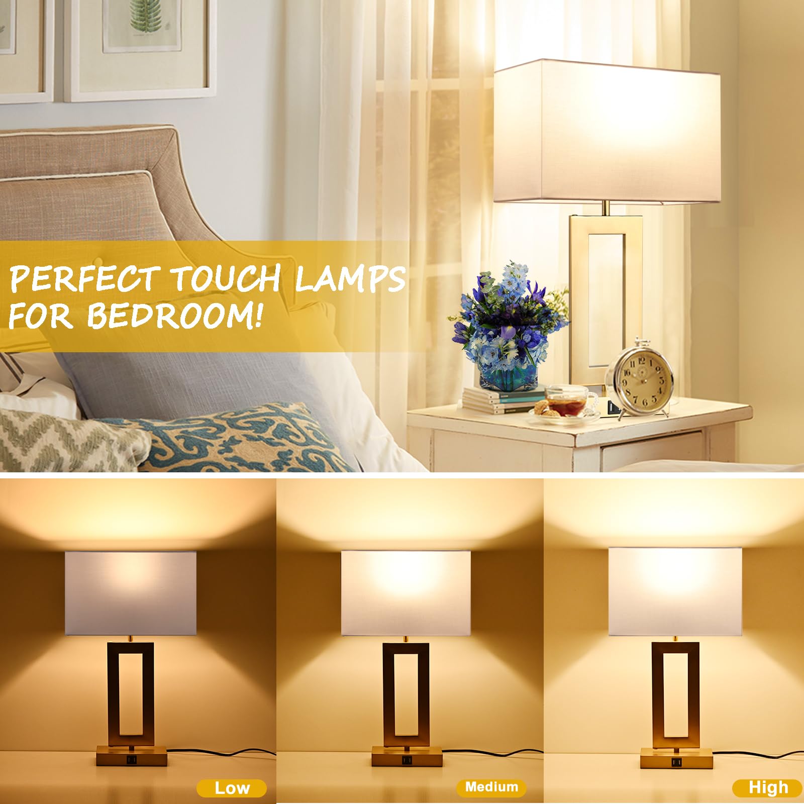 Brightwe 22 Touch Control Table Lamps - 3-Way Dimmable, 2 Usb Ports, Metal, White & Gold, Model Ql5166W, Led Bulbs Included