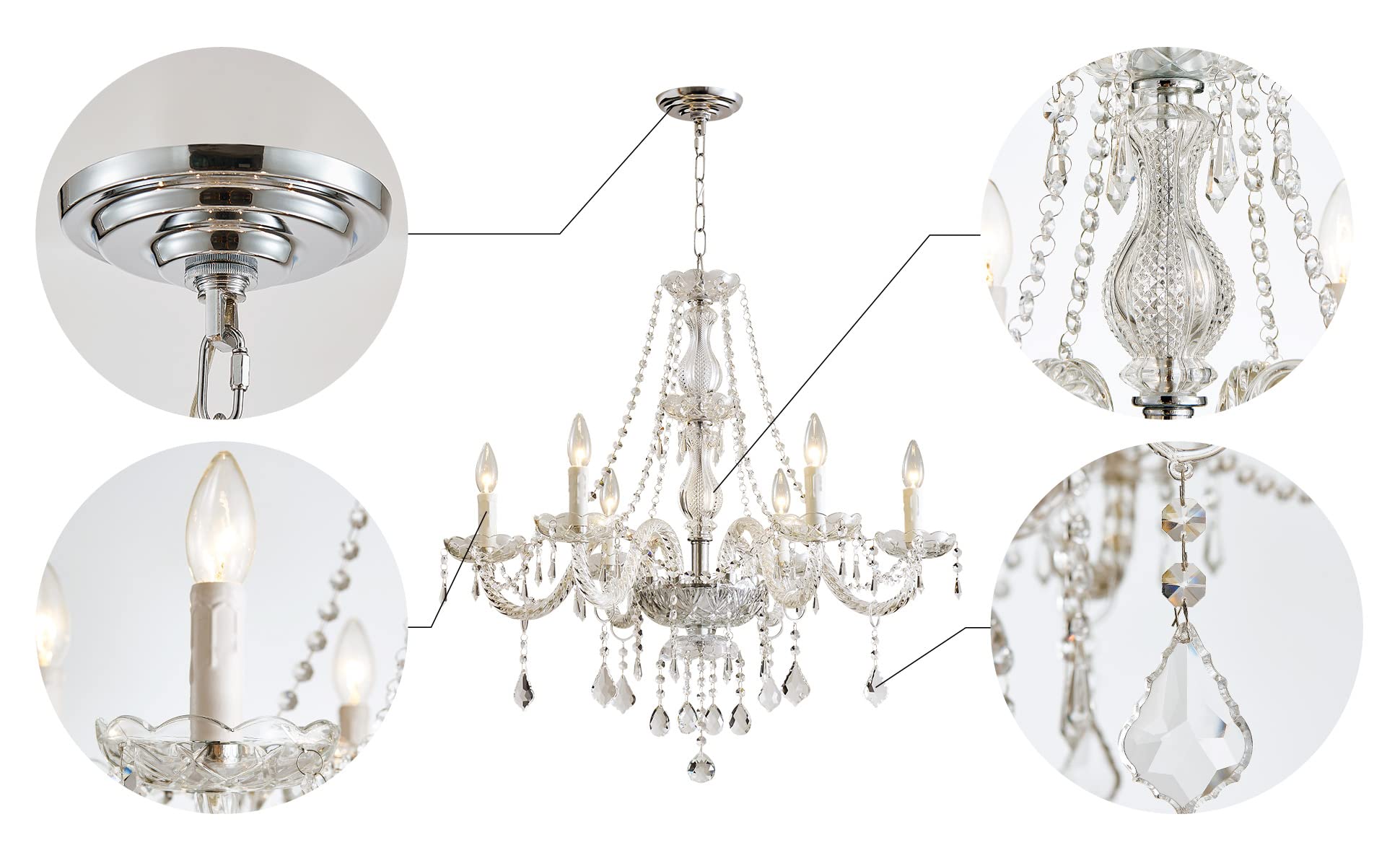 SM Saint Mossi 6 Light Modern K9 Crystal Chandelier Pendant Lamp, Clear Color for Dining Room, Bathroom, Bedroom, Living Room