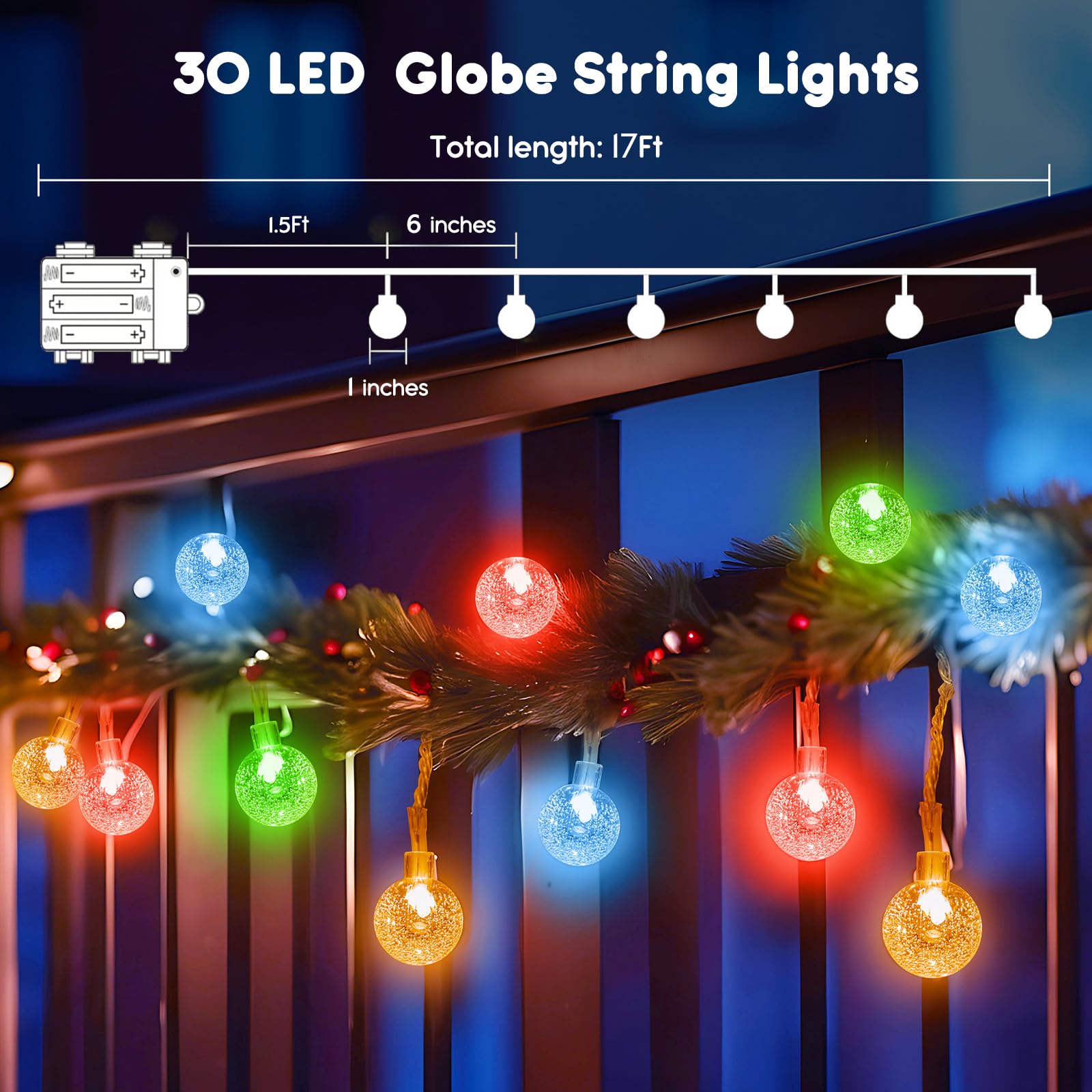 Minetom Crystal Globe String Lights, 17 ft, 30 LED, Battery Operated, Waterproof, Multicolor, Remote with 8 Modes