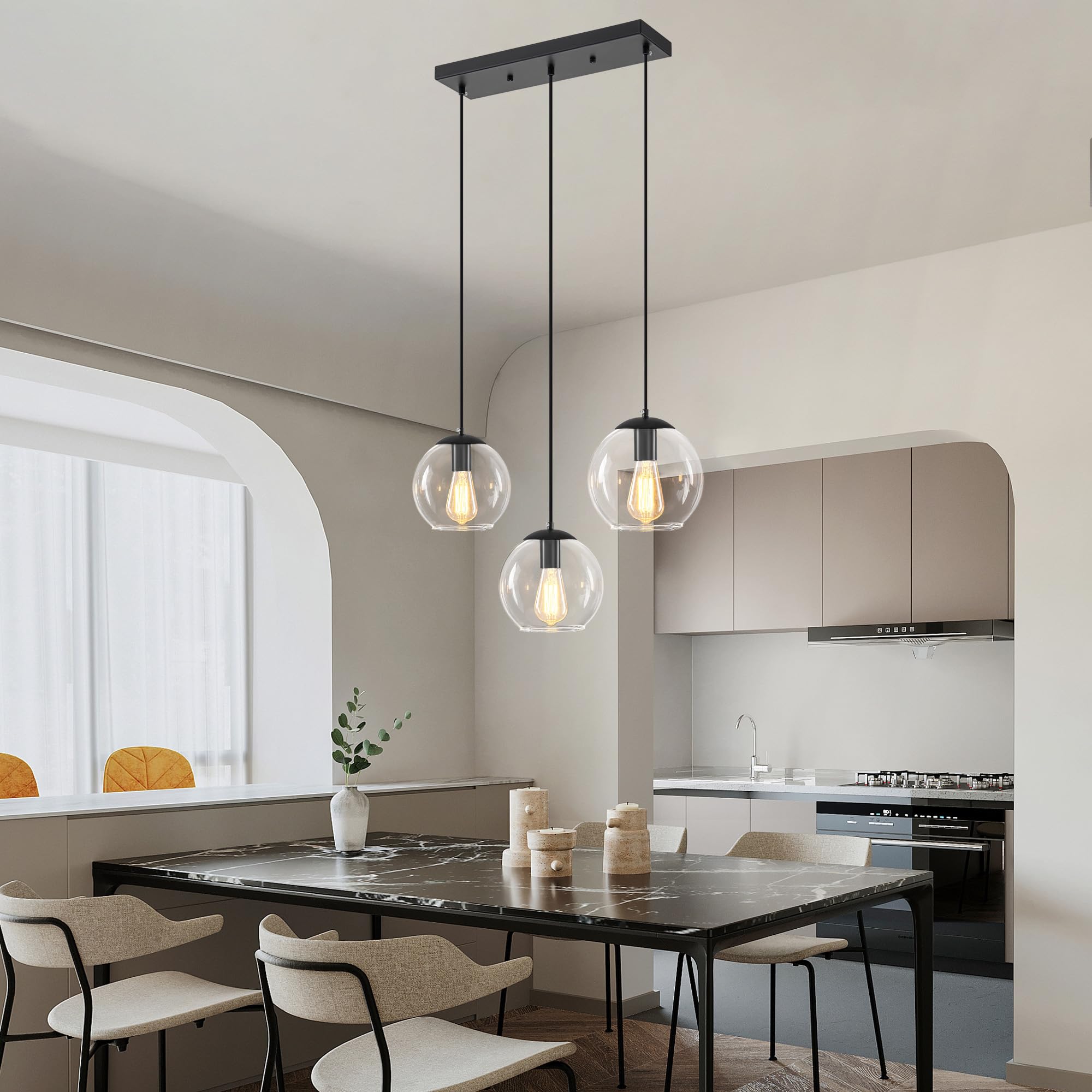 Lmsod Globe Pendant Light, Modern Hanging Lighting Fixture, Classic Cluster Chandelier With Clear Glass Shades(Black, 3 Lights,