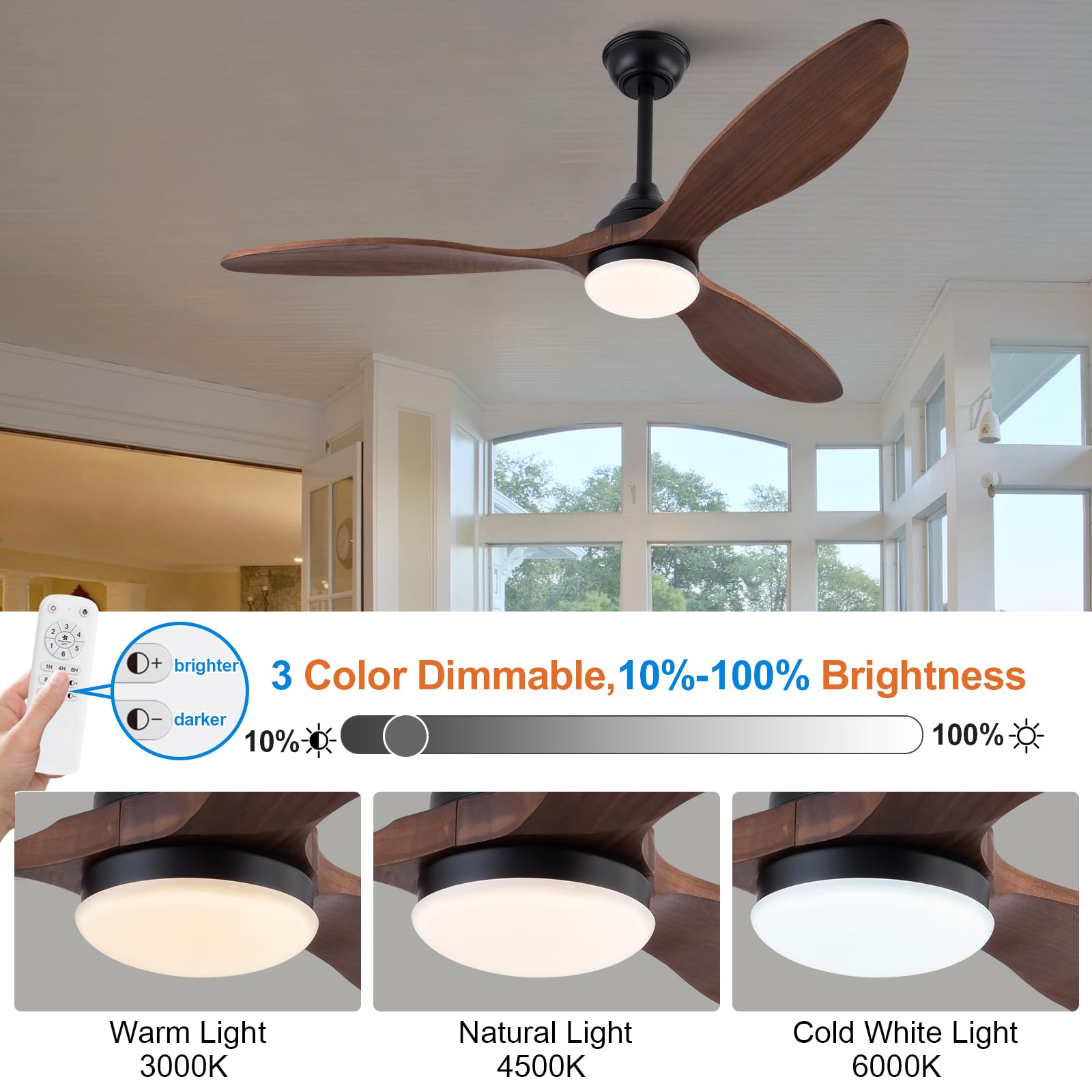 BOJUE 52 inch Ceiling Fan with Light, Dimmable LED, Walnut Wood Blades, Modern Indoor/Outdoor Ceiling Fan for Living Room and Patio