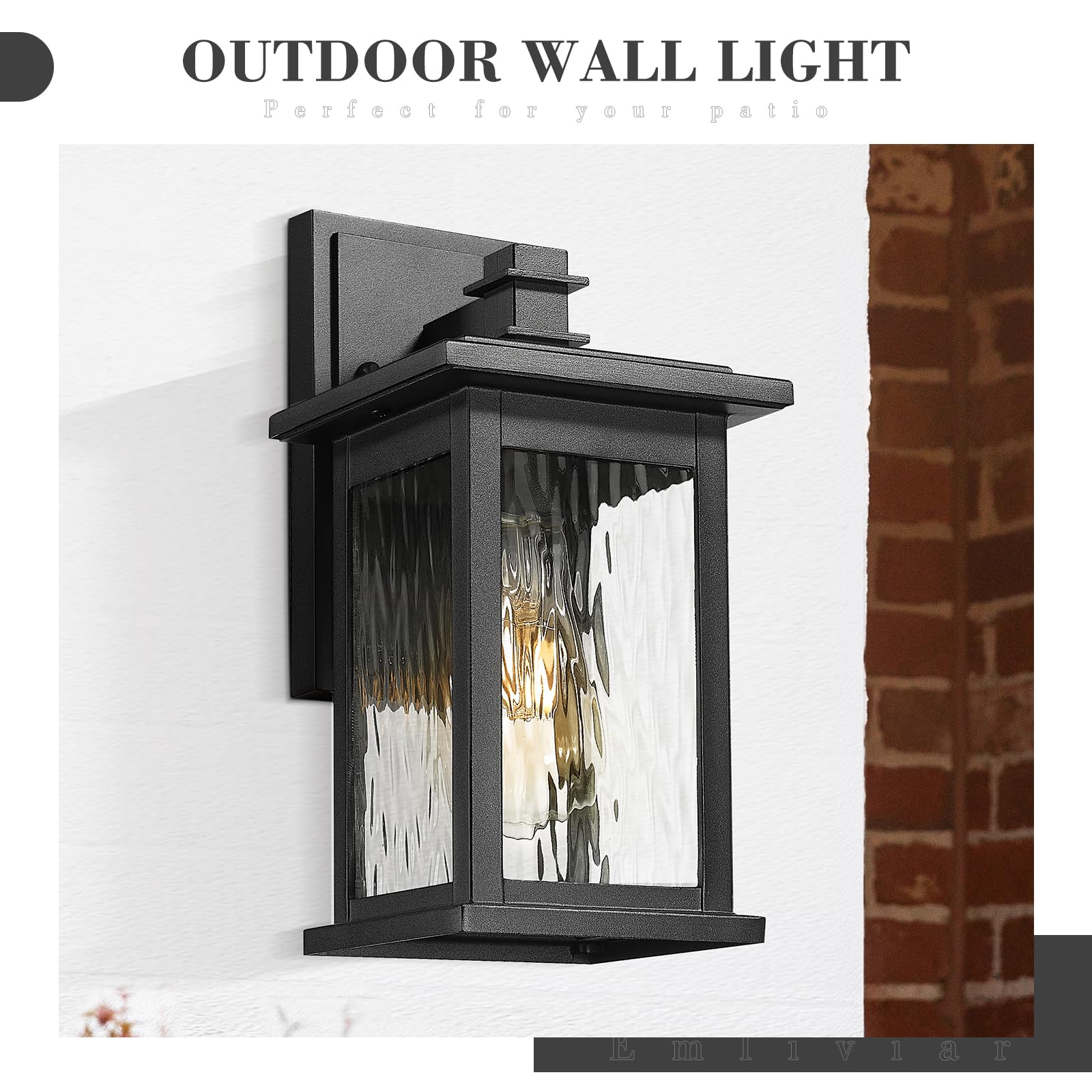 Emliviar Outdoor Wall Light, Modern Design, Water Ripple Glass Shade, Aluminum, Medium Size, Black Finish, Model 1803EW1-WP BK