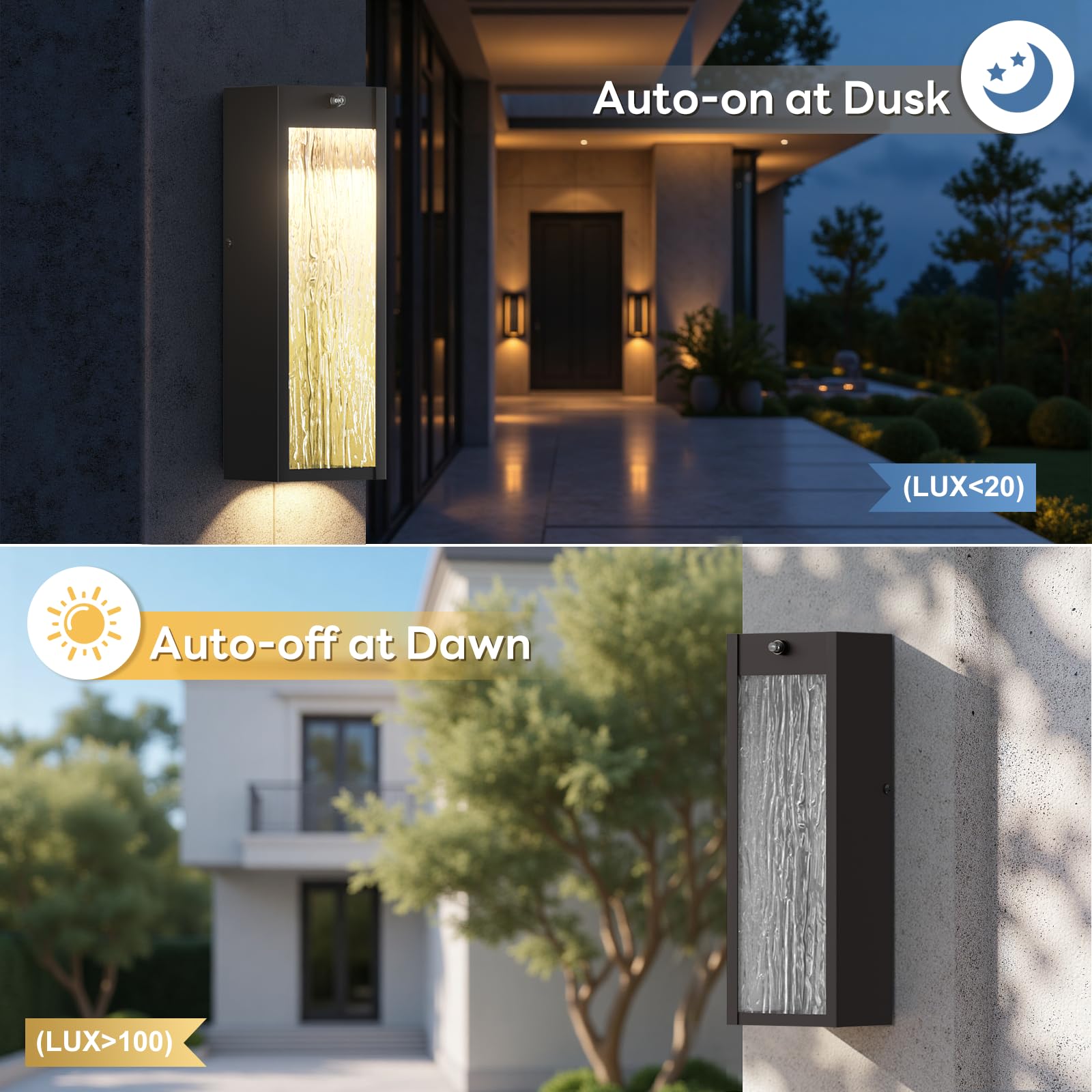 SIAFAVOI Dusk to Dawn LED Outdoor Wall Light, 15in, Black Metal, Waterproof, Modern Design, 2 Pack