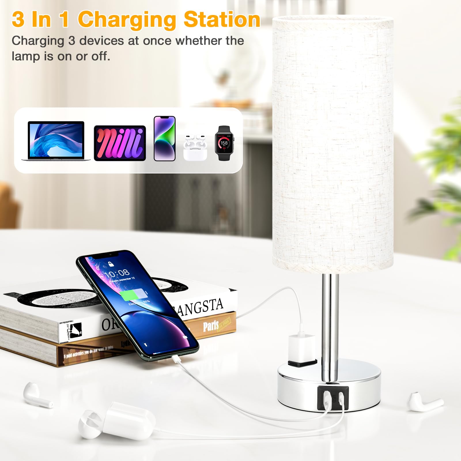 Light Beige Touch Nightstand Lamps - 3 Way Dimmable Bedside Table Lamps Set Of 2 For Bedroom With Usb C And A Ports, Small Desk