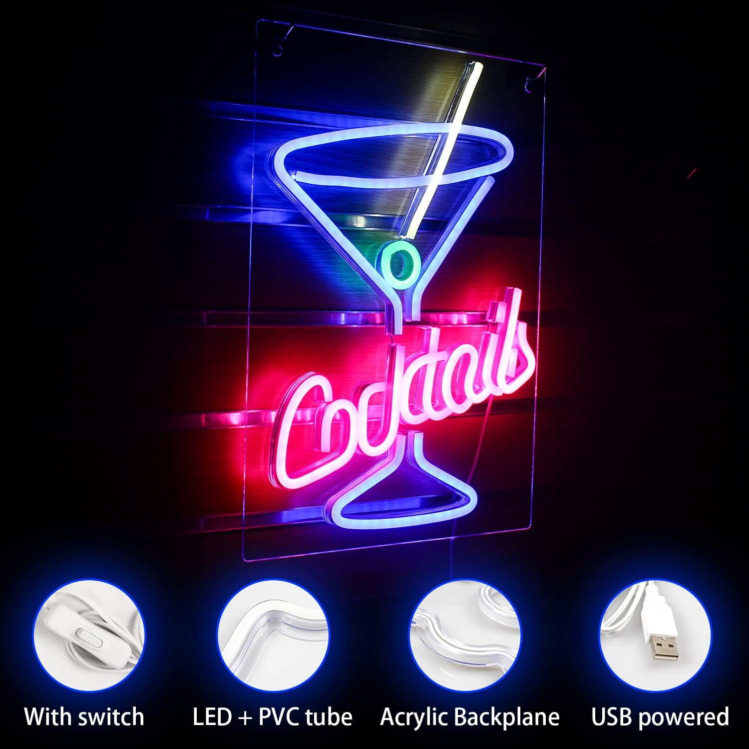 Lucunstar Cocktails Neon Sign, Led Sign Cocktail Glass Shaped Neon Lights Neon Bar Signs Martini Neon Signs For Wall Decor Neon Sign For Man Cave For Bar Shop Beer Bar Night Club