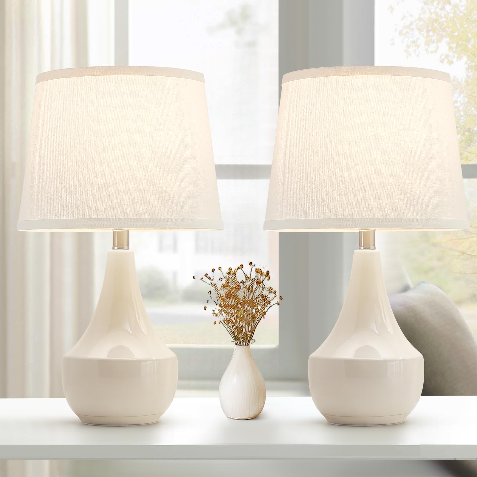GyroVu Table Lamp Set of 2, Ceramic, 18.63in, Cream with White Lampshade, Modern Nightstand Lighting for Living Room and Bedroom