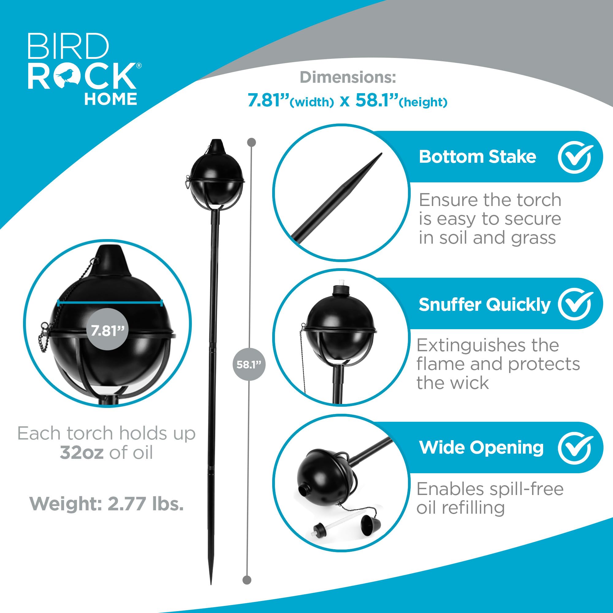 BIRDROCK HOME Bora Bora Citronella Torches - Metal Lanterns - 2 Pack - Black