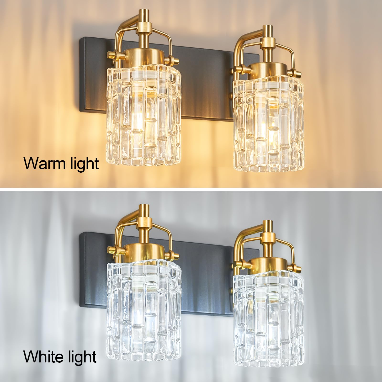 BNHHLZ Modern 2-Light Vanity Light - Black Gold Metal Fixtures, Model 4132, Crystal Glass Shade for Bathroom Over Mirror