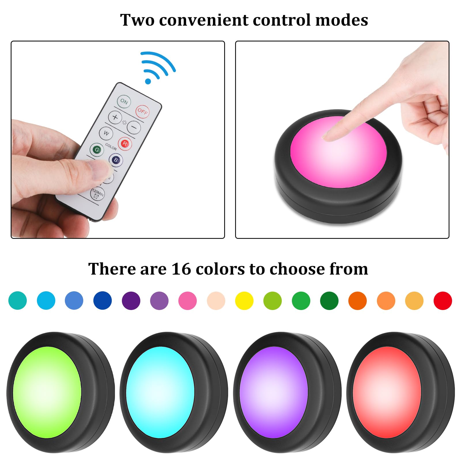 Aokpsrt Puck Lights With Remote Control, 16 Color Changeable Under Cabinet Lights, Battery Operated Wireless Led Lights With Dim