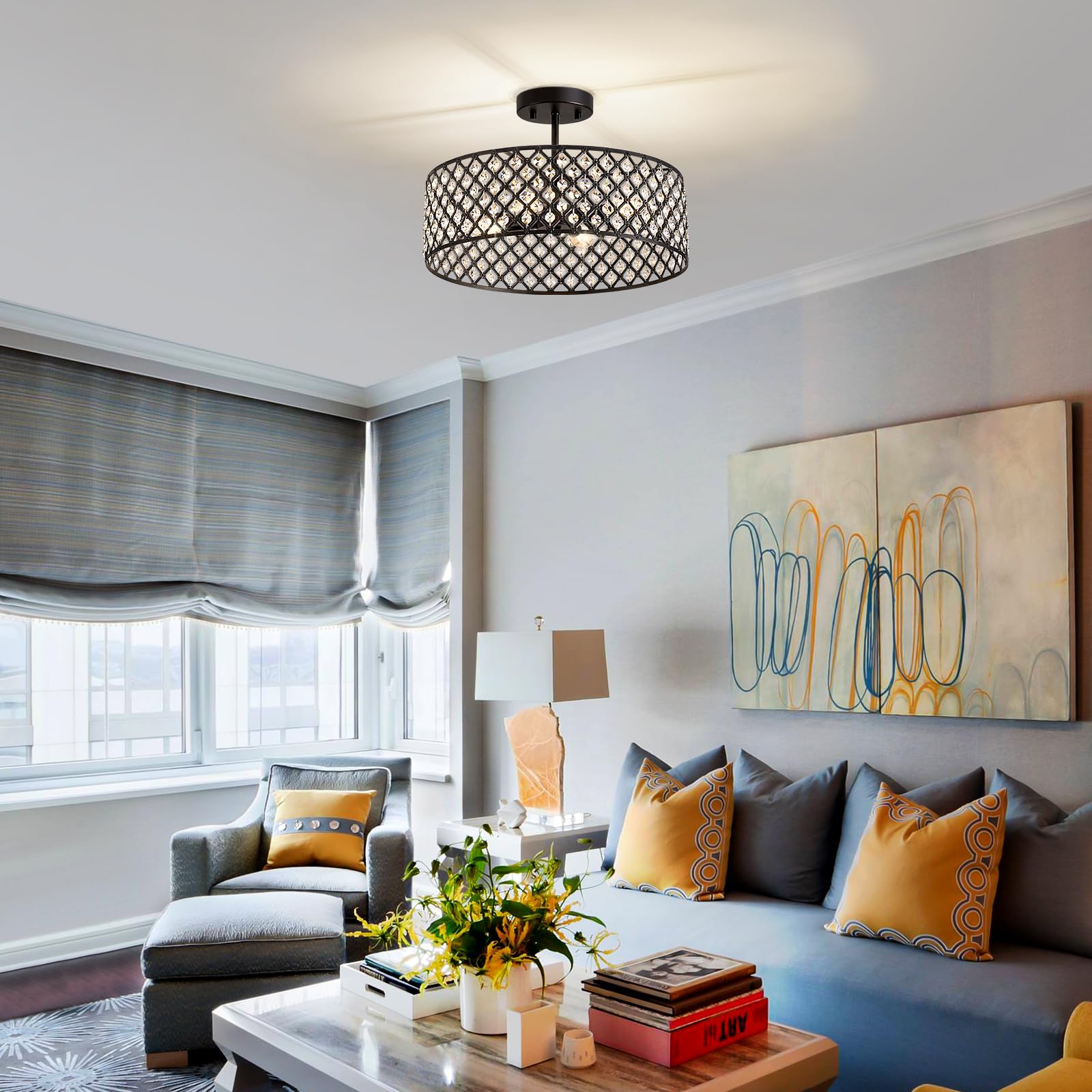 Bzvesr Black Crystal Ceiling Light Fixture Modern Semi Flush Mount Ceiling Lighting Fixture Round Small Chandelier For Dining Room  Hallway  Entryway  Kitchen  Bedroom Foyer 4 Light 15.7 Inch