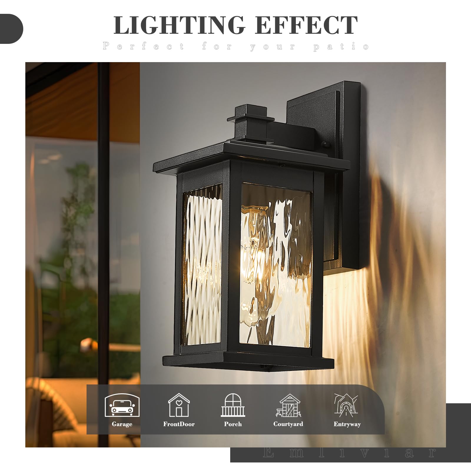 Emliviar 2-Pack Outdoor Wall Lights, 12 Inch Black Aluminum Fixture, Water Ripple Glass, Model 1803EW1-2PK-WP BK