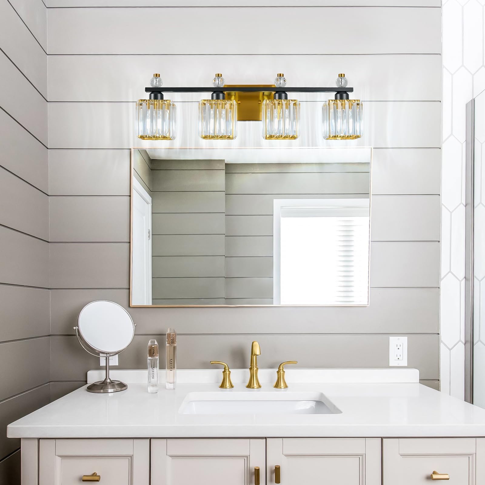 FDPBY 4-Light Crystal Vanity Light Fixtures, Black Gold Metal, Model 290, Modern Bathroom Lighting Over Mirror