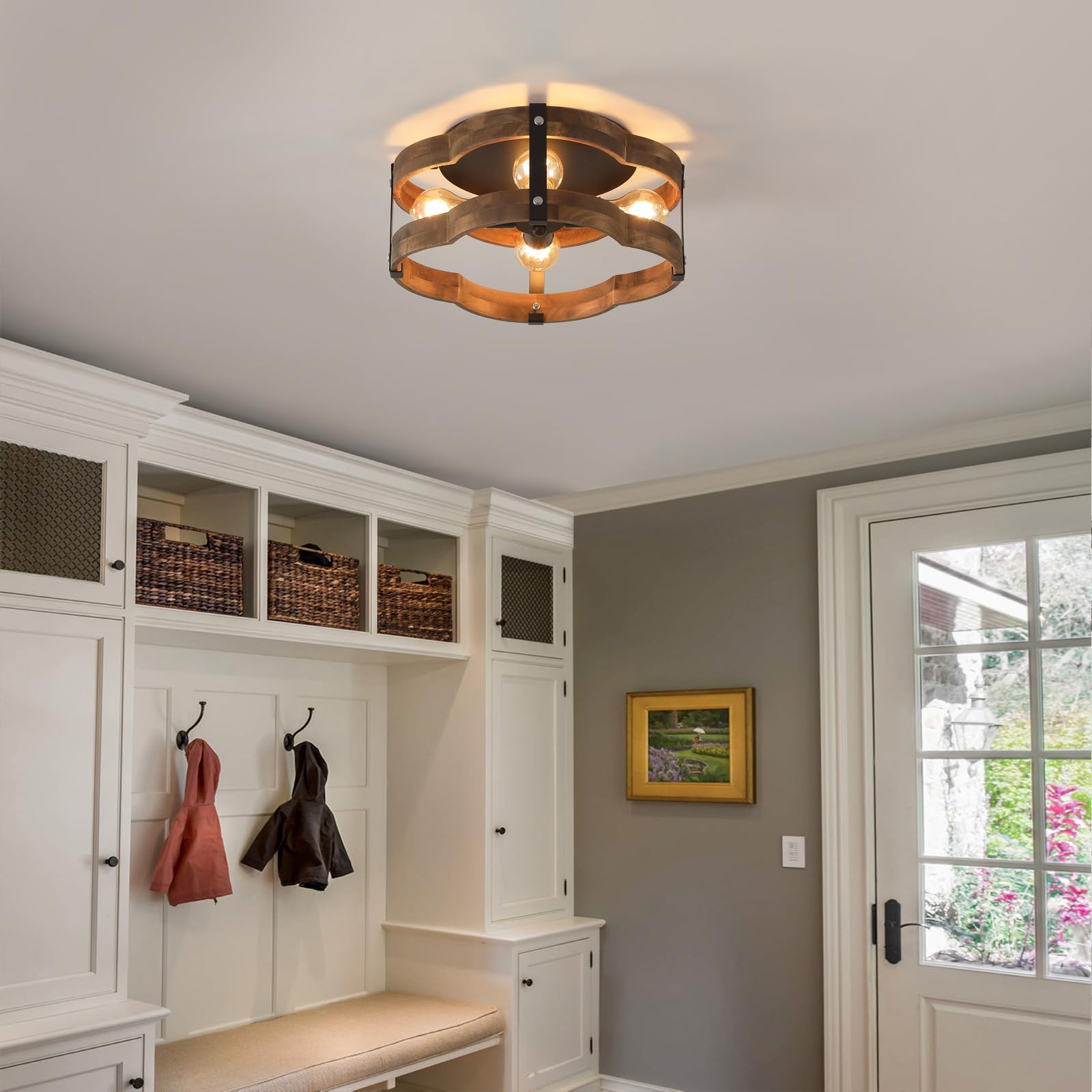 4-Light Rustic Farmhouse Wood Flush Mount Ceiling Light Fixture 14.17 Inch Oak Wood And Metal Cloud Cage Semi Flush Mount Ceilin