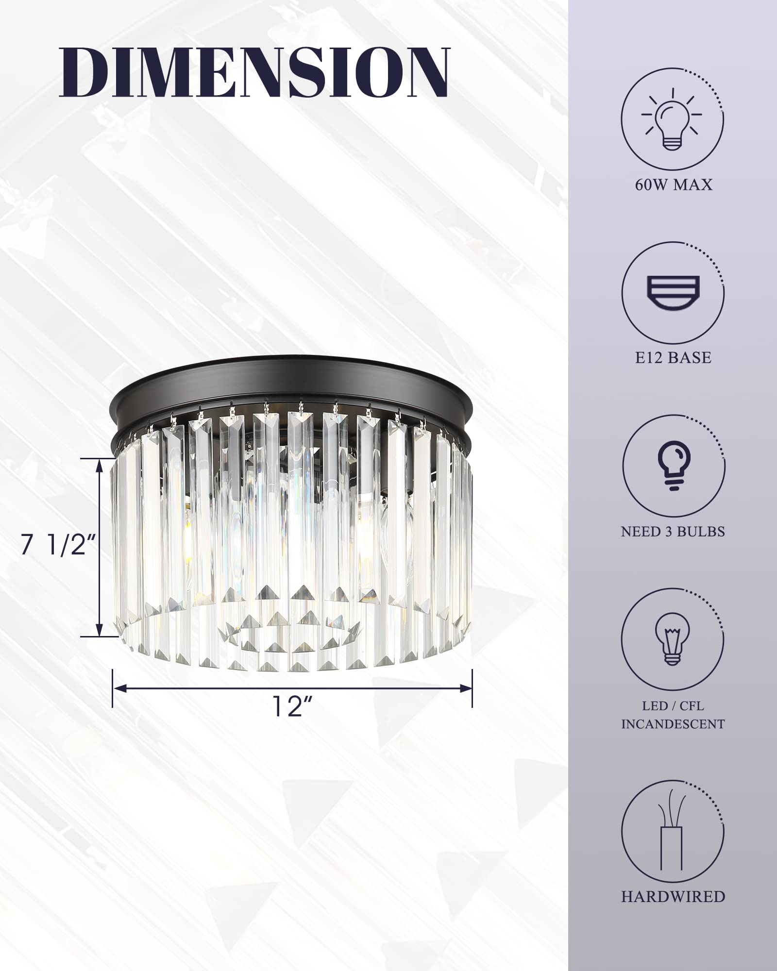 Black Flush Mount Ceiling Light Fixture, 12 Inch Modern Light Fixtures Ceiling, 3 Lights Crystal Chandelier Lighting For Living