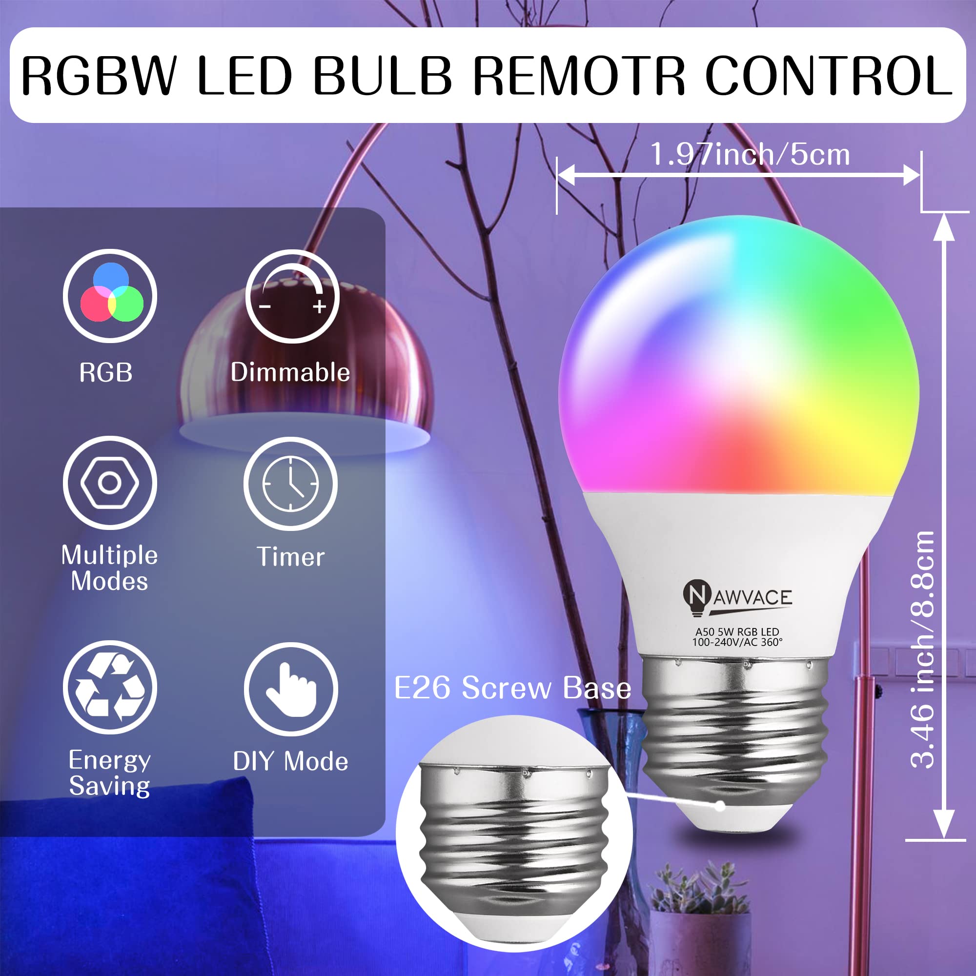 NAWVACE RGB Color Changing Light Bulb with Remote Control, 5W 40W Colored Light, 30 Color RGB for Bedroom, Living Room, 6-Pack