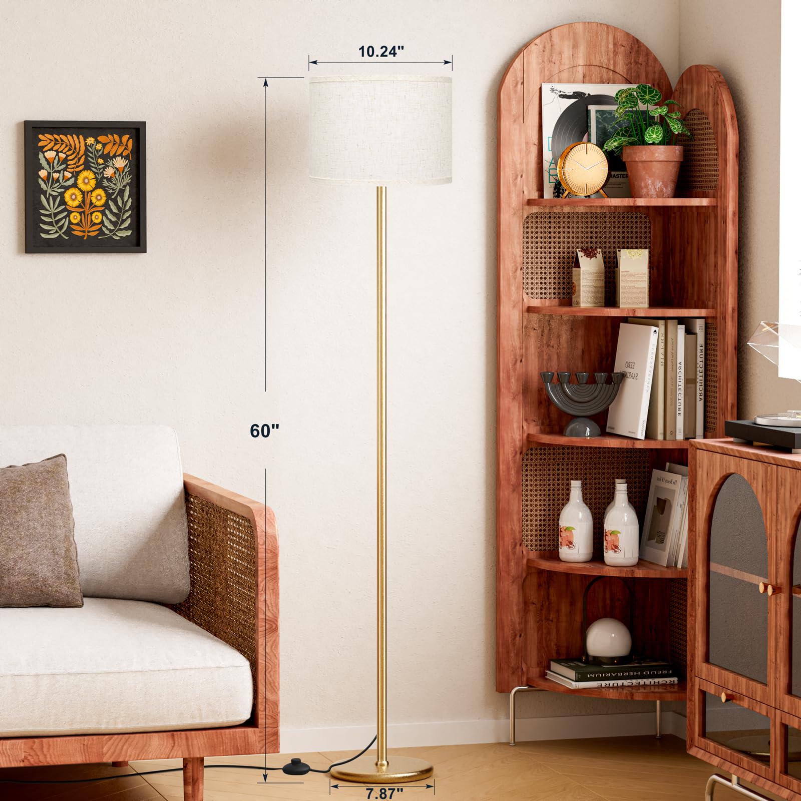 Ambimall 60'' Modern Floor Lamp - Beige Shade & Gold Pole, Tall Design for Living Room, Bedroom, Office (Model: RPT-ZGB10105)