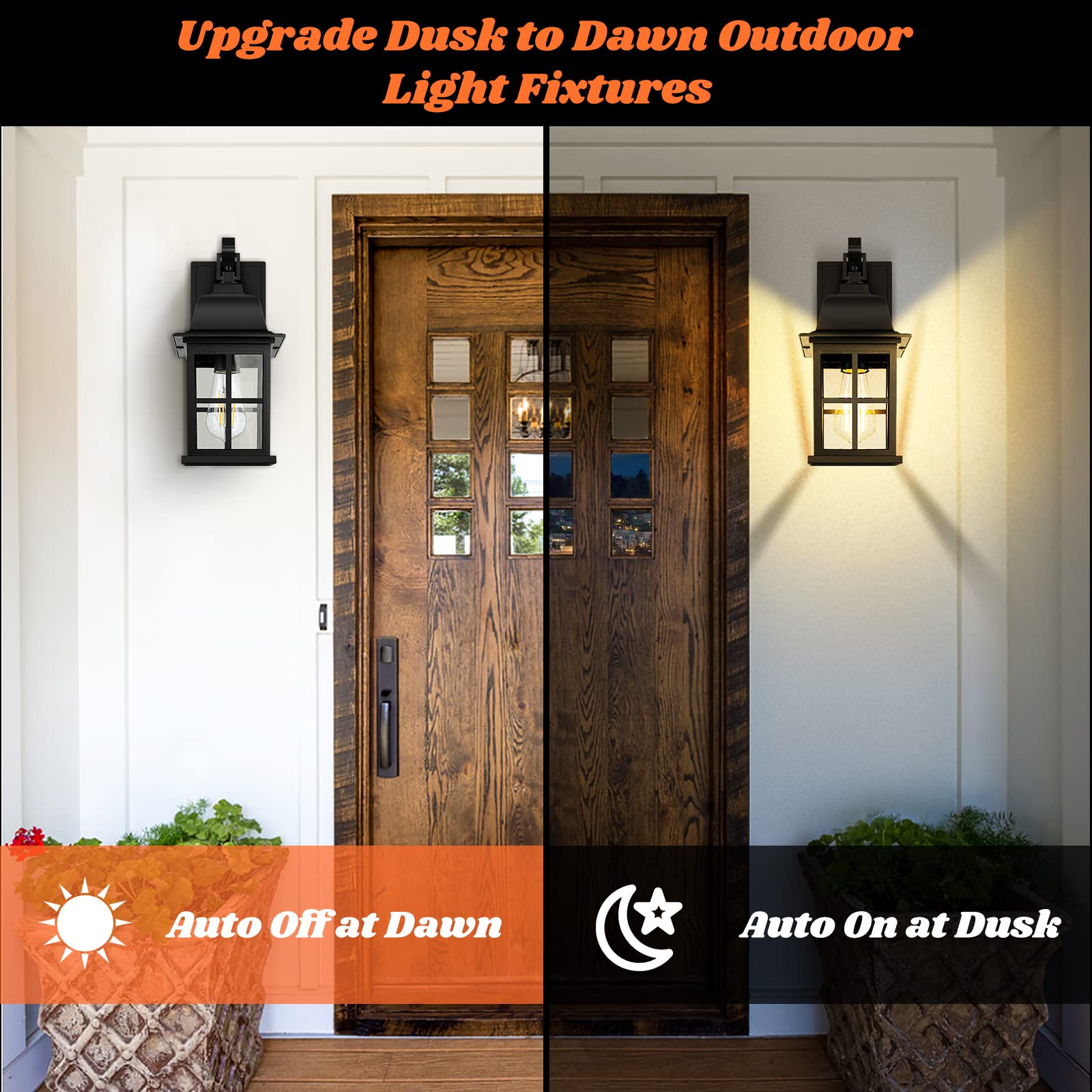 Tobusa 2-Pack Dusk To Dawn Black Outdoor Wall Lights, Waterproof Aluminum Lanterns