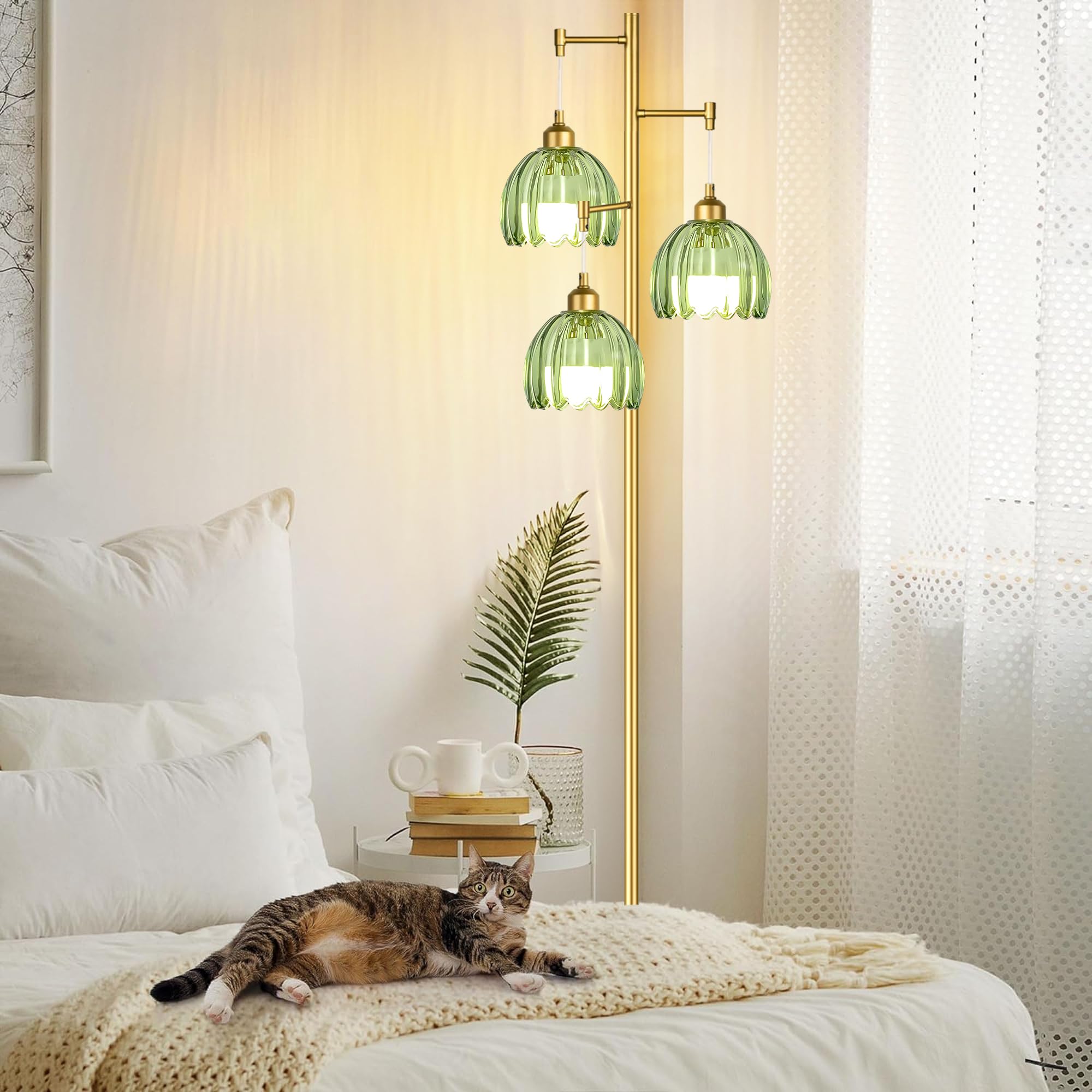 Illmtw Glass Floor Lamp For Living Room,Bedroom,Gold Mid Century Modern Standing Lamp Brass Tree 3 Light Tall Floor Lamps Vintag