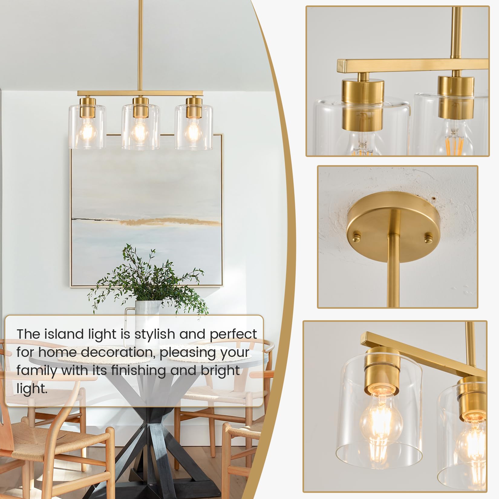 Rocunsi 3-Light Gold Kitchen Island Lighting  Gold Pendant Light Fixture  Farmhouse Dining Room Light Fixtures Over Table  Modern Hanging Light Fixtures With Clear Glass  E26 Base  Bulbs Not Included