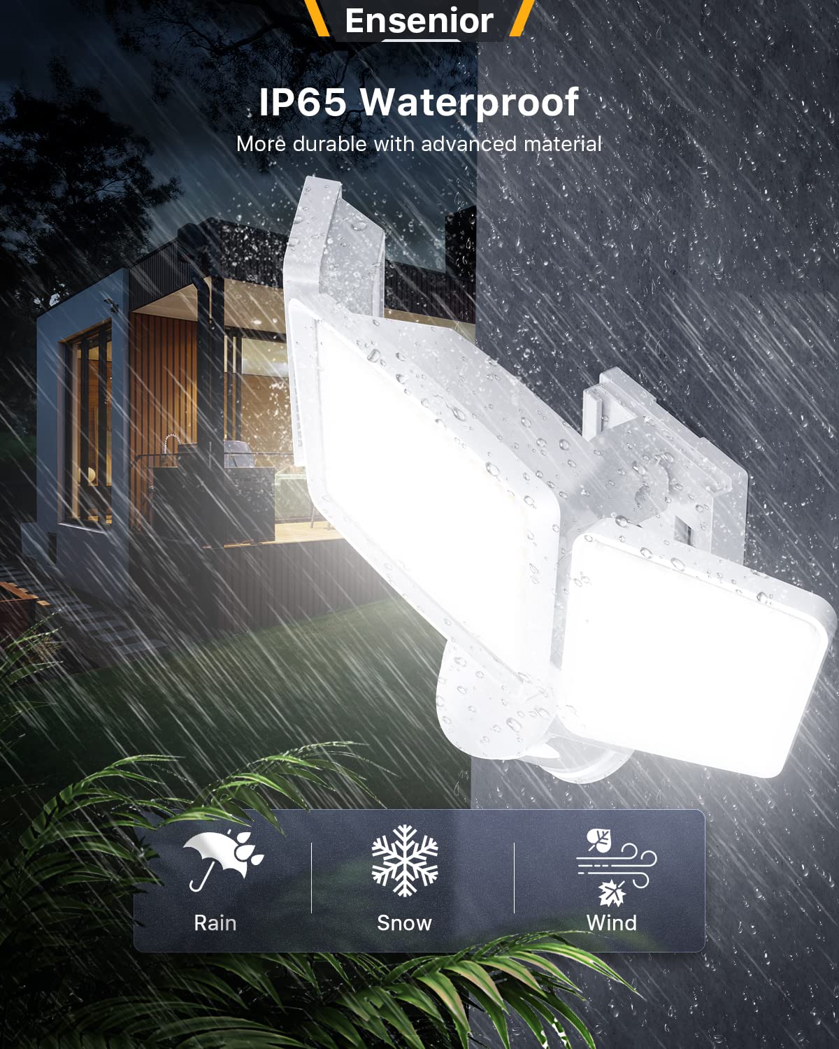 Ensenior 5 Motion Sensor Solar Security Light, 1800LM, 3 Heads, IP65 Waterproof, White, Model AQ1-SOL-WH, 1 Pack