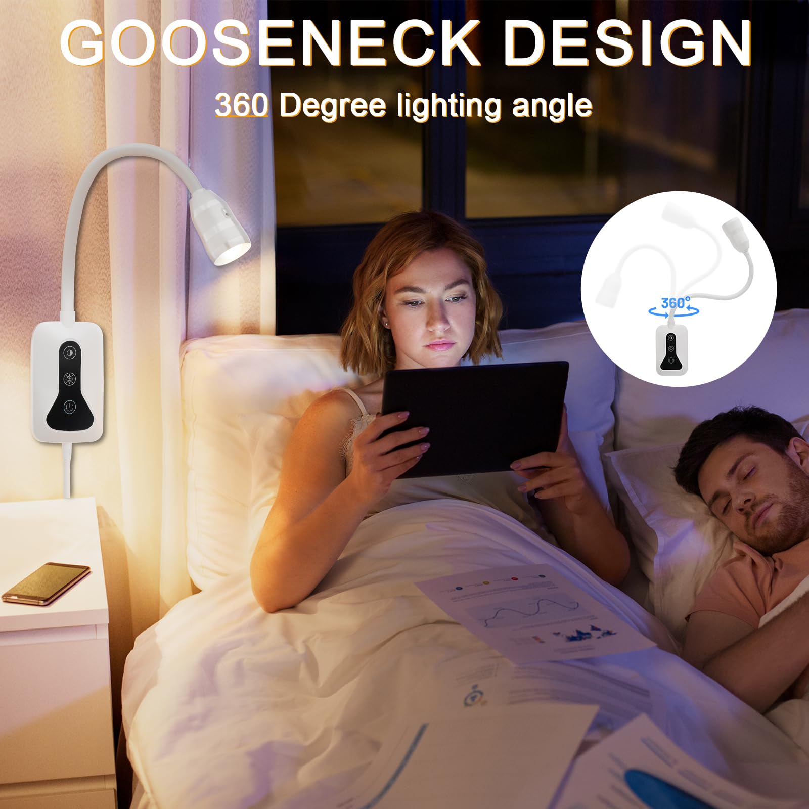 Huaeu 2 Pack Wall Mounted Headboard Reading Light, Led Dimmable Touch Control, Flexible Gooseneck, Ideal For Bedside, Office, Or
