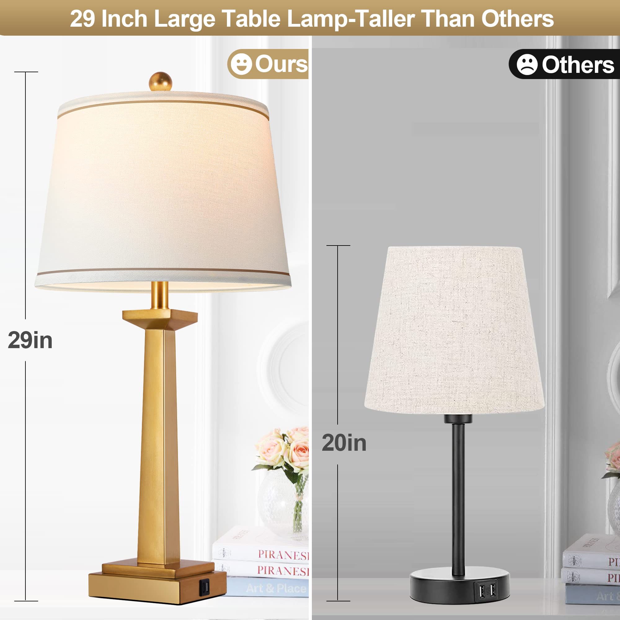 Rottogoon 29&quot; Gold Table Lamps Set Of 2, Modern Nightstand Lamps With Usb Charging, Led Included