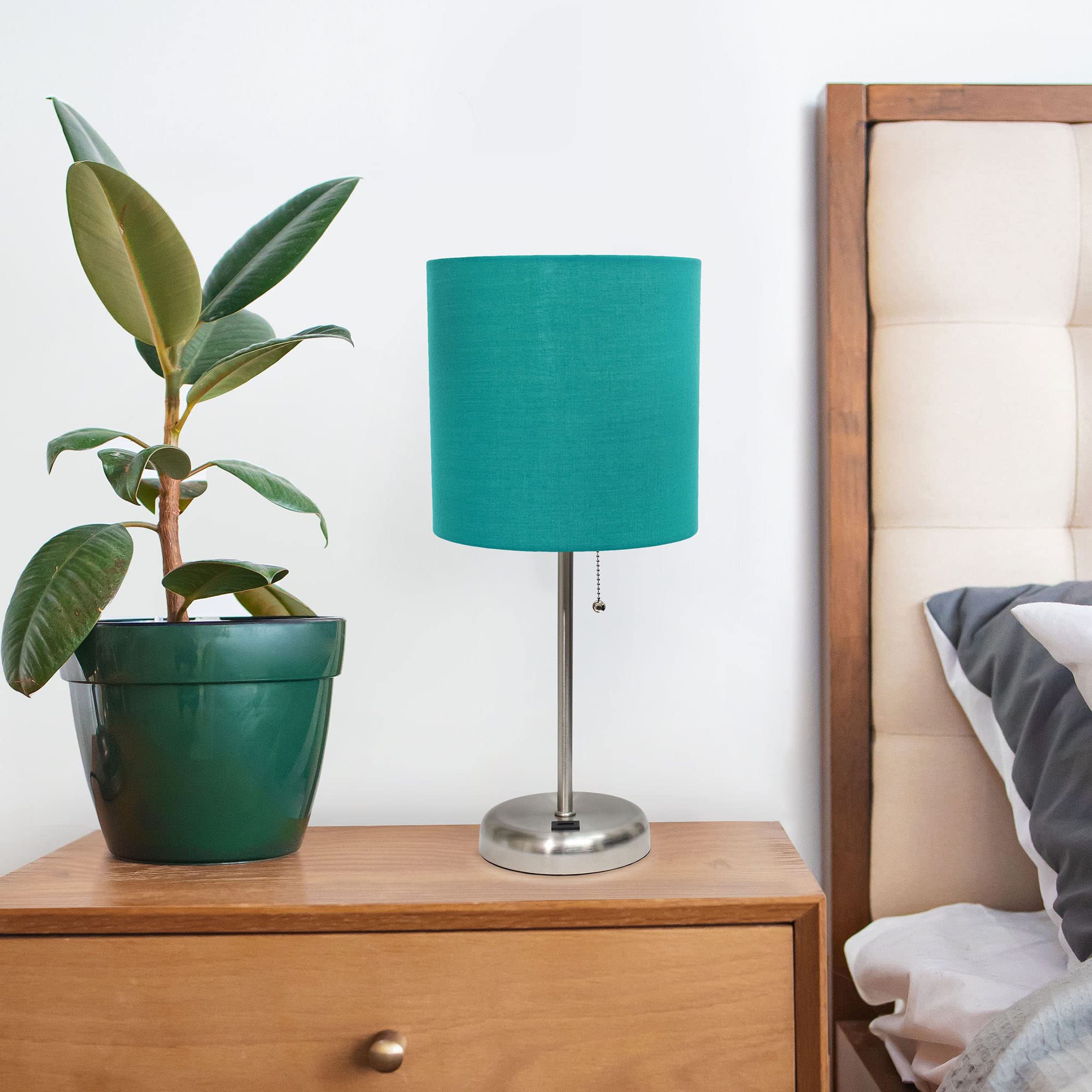 Creekwood Home 19.5&quot; Metal Bedside Lamp With Usb Port, Brushed Steel & Teal Drum Shade