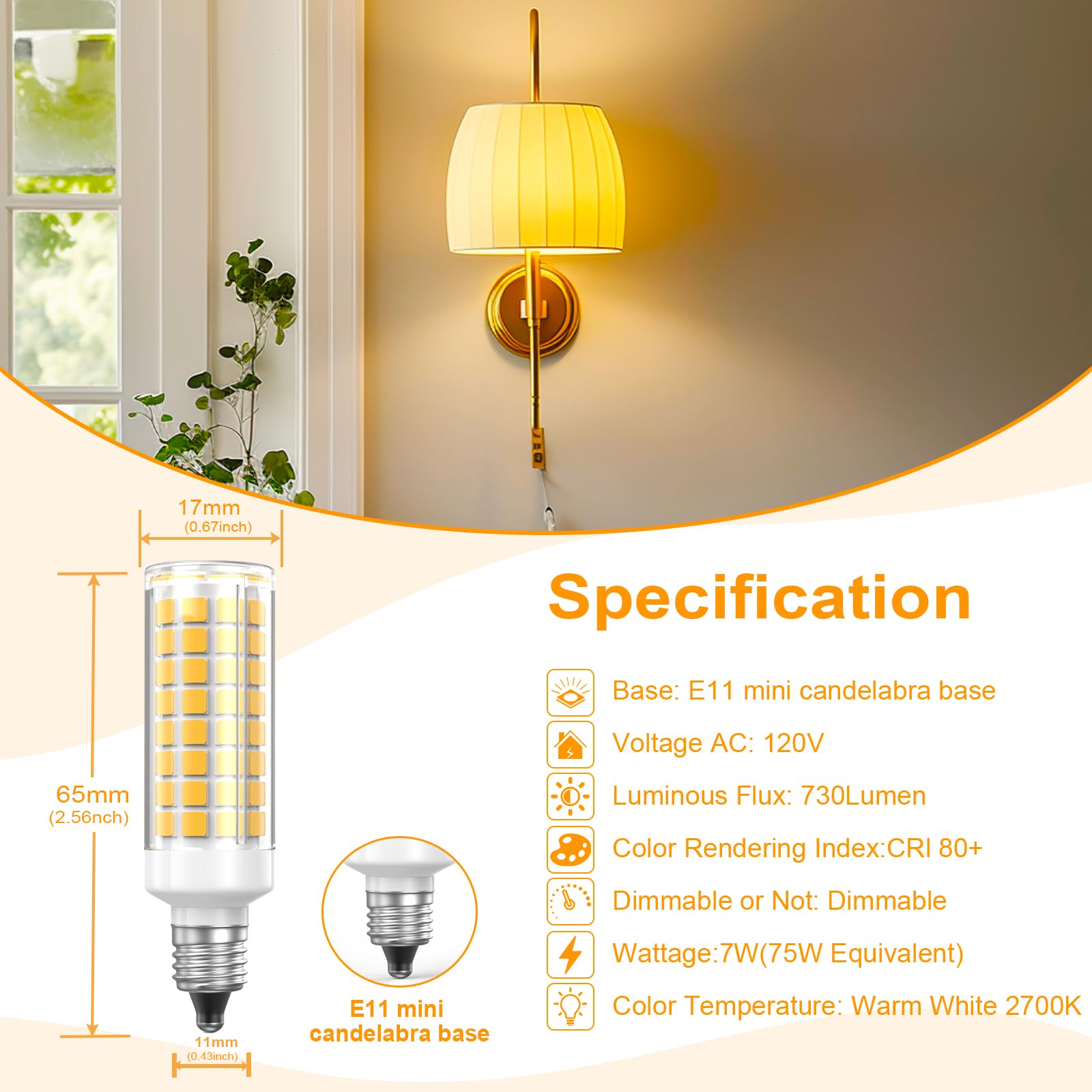 Vyaomli E11 Led Light Bulbs Dimmable 7W Equivalent To Halogen Bulb 75W-80W 730Lm, E11 Mini Candelabra Base Jd T3 T4 Corn Light B