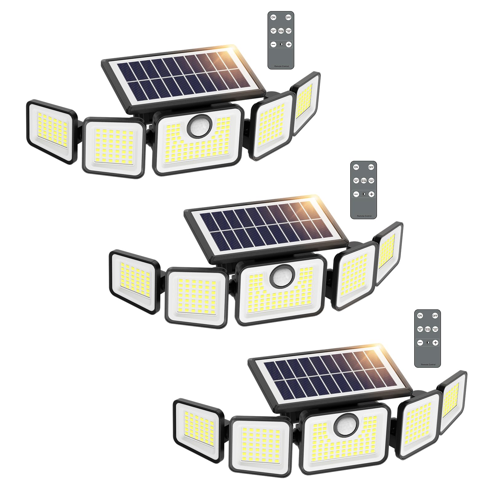 SZPOWER Solar Flood Lights, 6000LM, 230 LED, 5 Heads, Motion Sensor, Waterproof, Remote Control, Black, Model SZC10A5-TY, 3 Pack