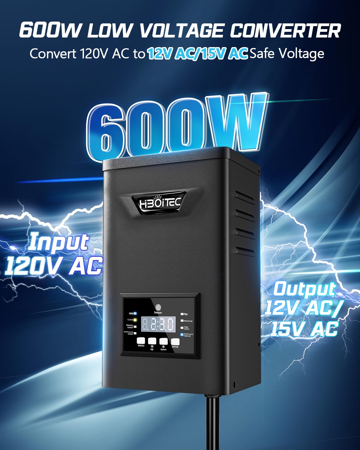 HIBOITEC 600W Low Voltage Landscape Transformer with Photocell Sensor & Timer, Weatherproof AC 12V/15V Model BYQ-600W