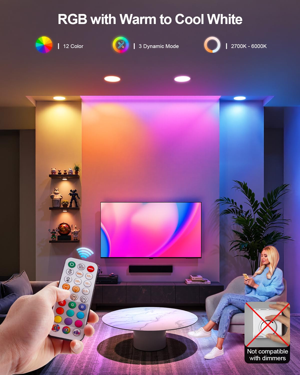 DUSKTEC 6 Inch Canless Recessed LED Lights, RGBCW, 16W, 1500 Lumen, Dimmable, Aluminum, Remote Control, Model TD3