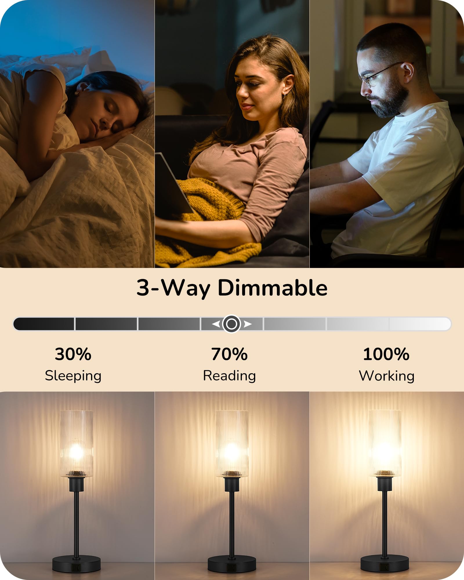EDISHINE Touch Control Table Lamp with USB Charging Ports, 3-Way Dimmable Glass Shade, Black, Model 6e0d2e66-4aa0-4aff-a