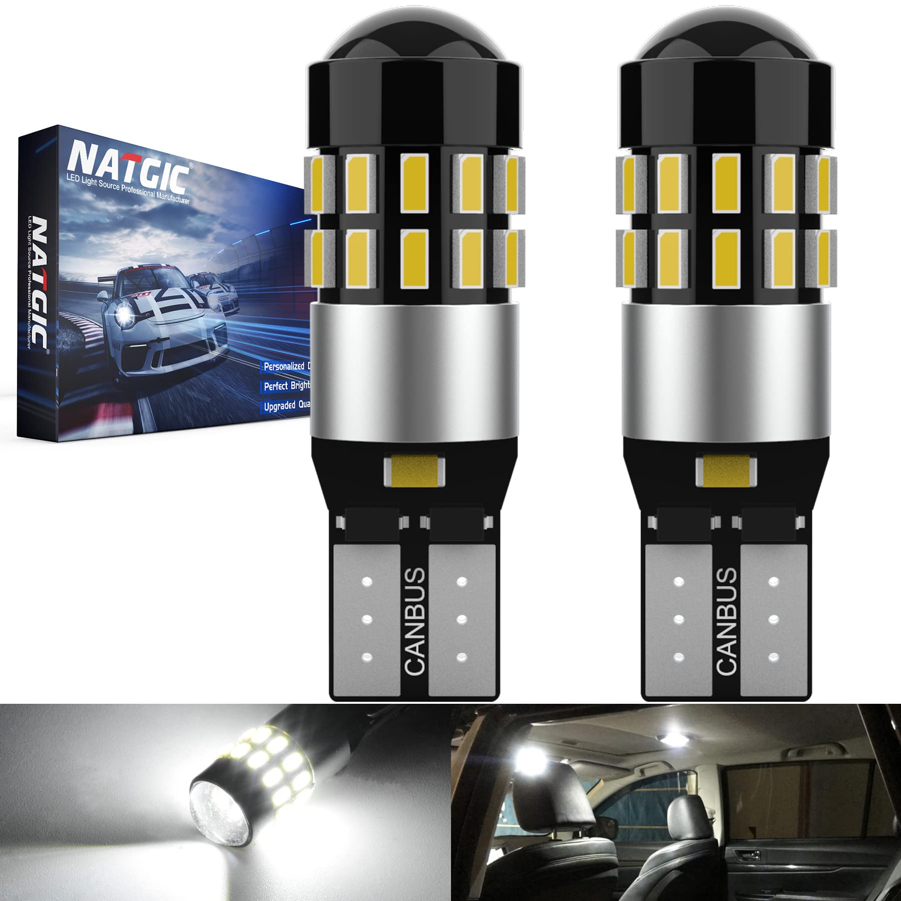 NATGIC 6000K White W5W 194 LED Bulb for Sidelight,Interior Light,License Plate Bulb,168 T10 LED Bulb Canbus Error Free,921 2825