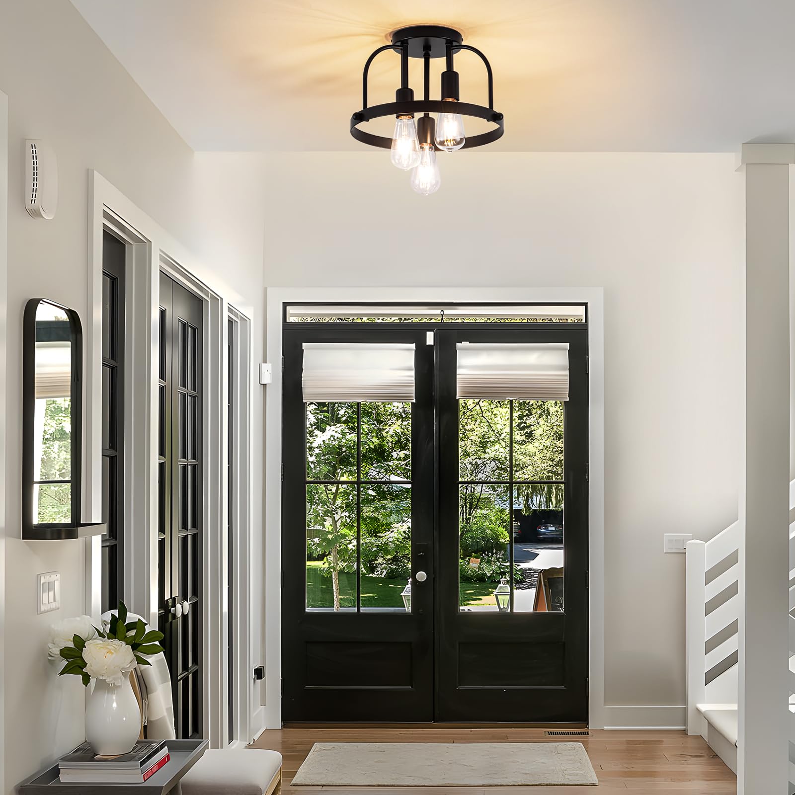 Fengkedu 3 Light Industrial Ceiling Light Black Semi Flush Mount Lights Close To Ceiling Light Fixtures Cage Design Farmhouse Ceiling Lighting For Kitchen Bedroom Bathroom Foyer Hallway (E26  1Pack)