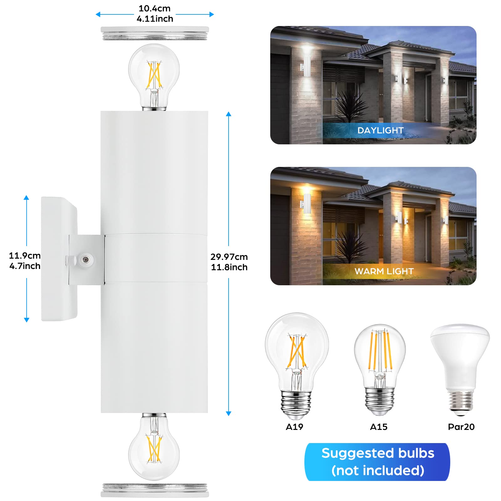 2-Pack White Outdoor Wall Sconces Dusk To Dawn, Up Down Modern Exterior Light Fixtures For House, Outside Wall Lights For Porch