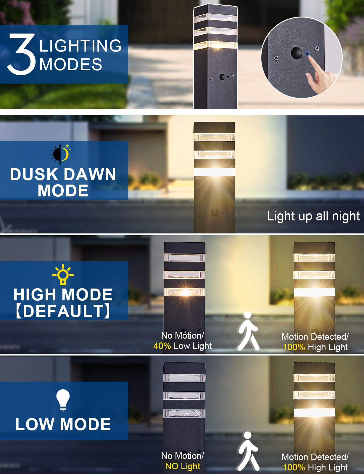 Delicavy Outdoor Post Light - 2 Pack Motion Sensor Black Aluminum Pathway Lamps for Yard, Patio, Garden, Driveway, Dusk to Dawn