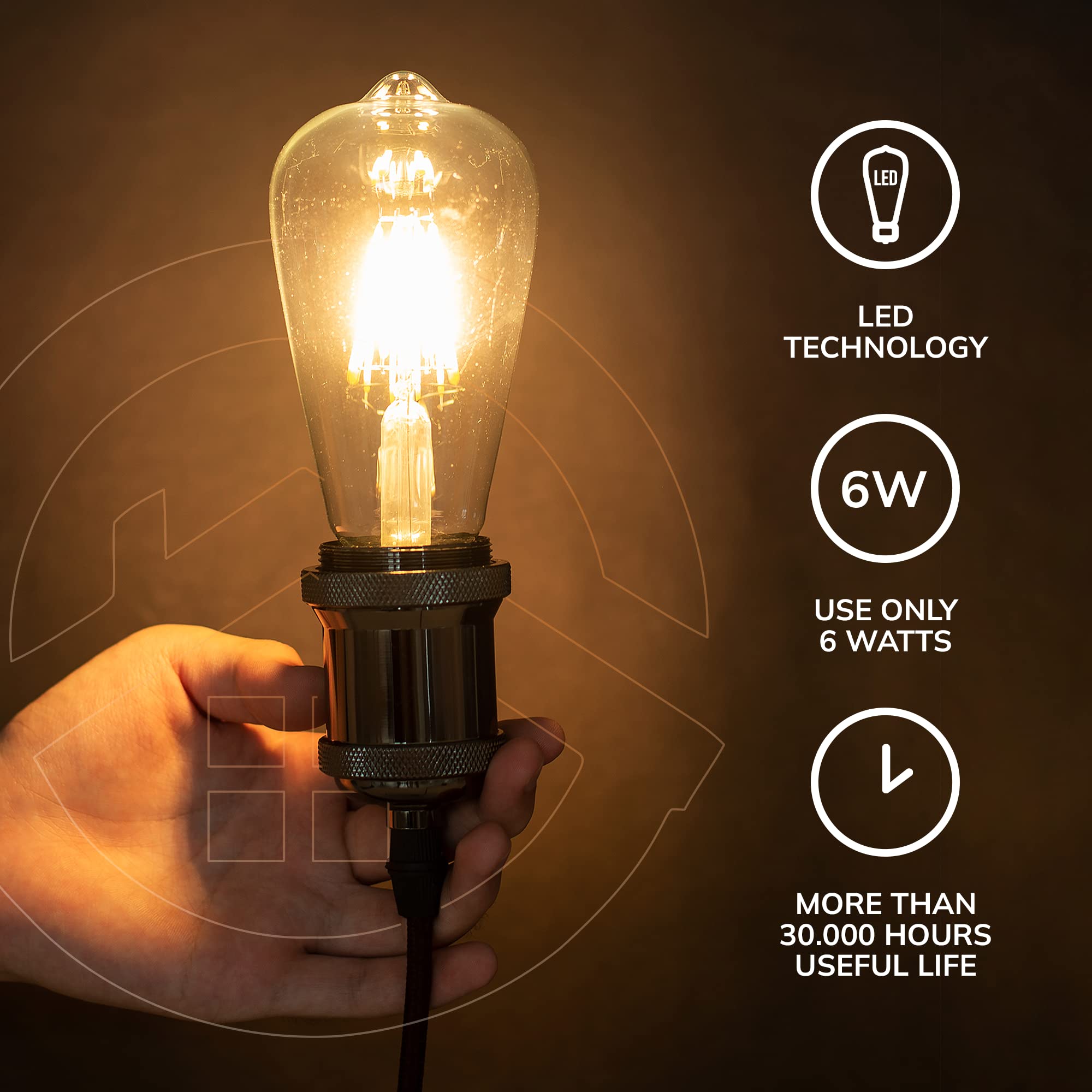 Basics Hardware Incandescent Edison Light Bulbs - Dimmable Bulb, ST64 Vintage Warm 2700k, Filament Lamp - Lasts 30k+ Hours, 60W,