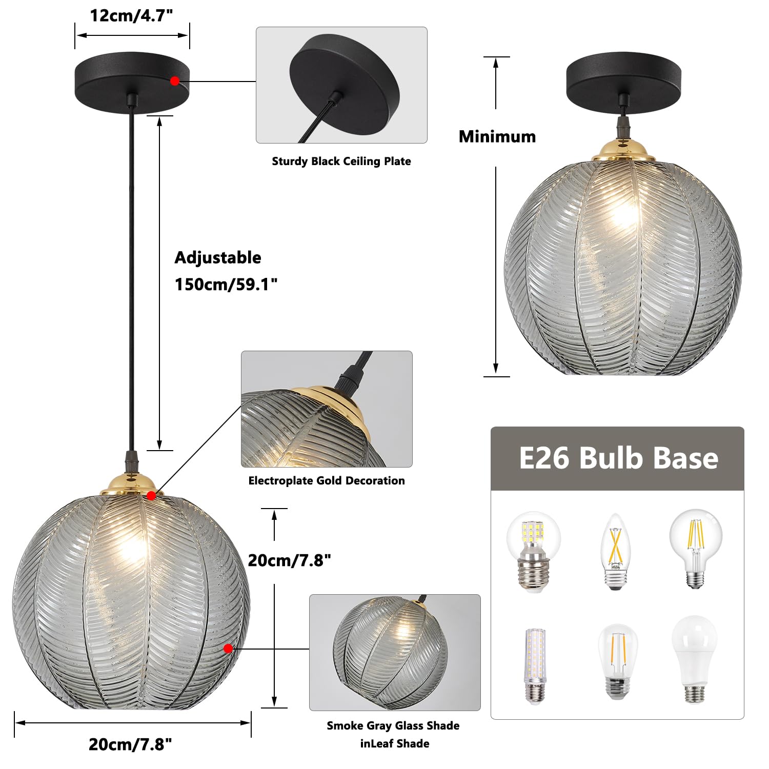 KCO Lighting Modern Pendant Light - Smoke Gray Glass, Adjustable, Large Globe - Model L1146-SG