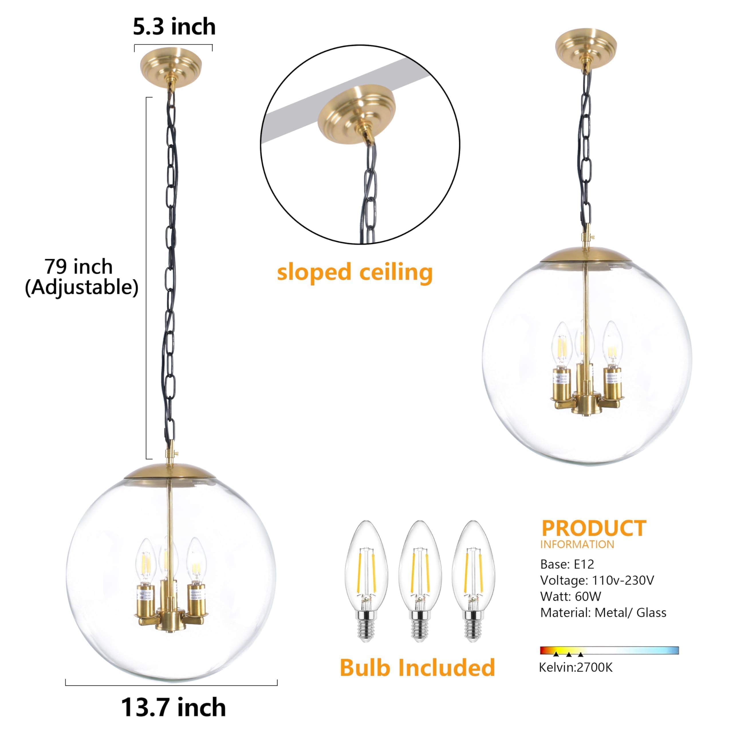 Koko&Yukina 13.7&quot; Gold Globe Pendant Light, Clear Glass Mid Century Fixture For Dining Room & Kitchen