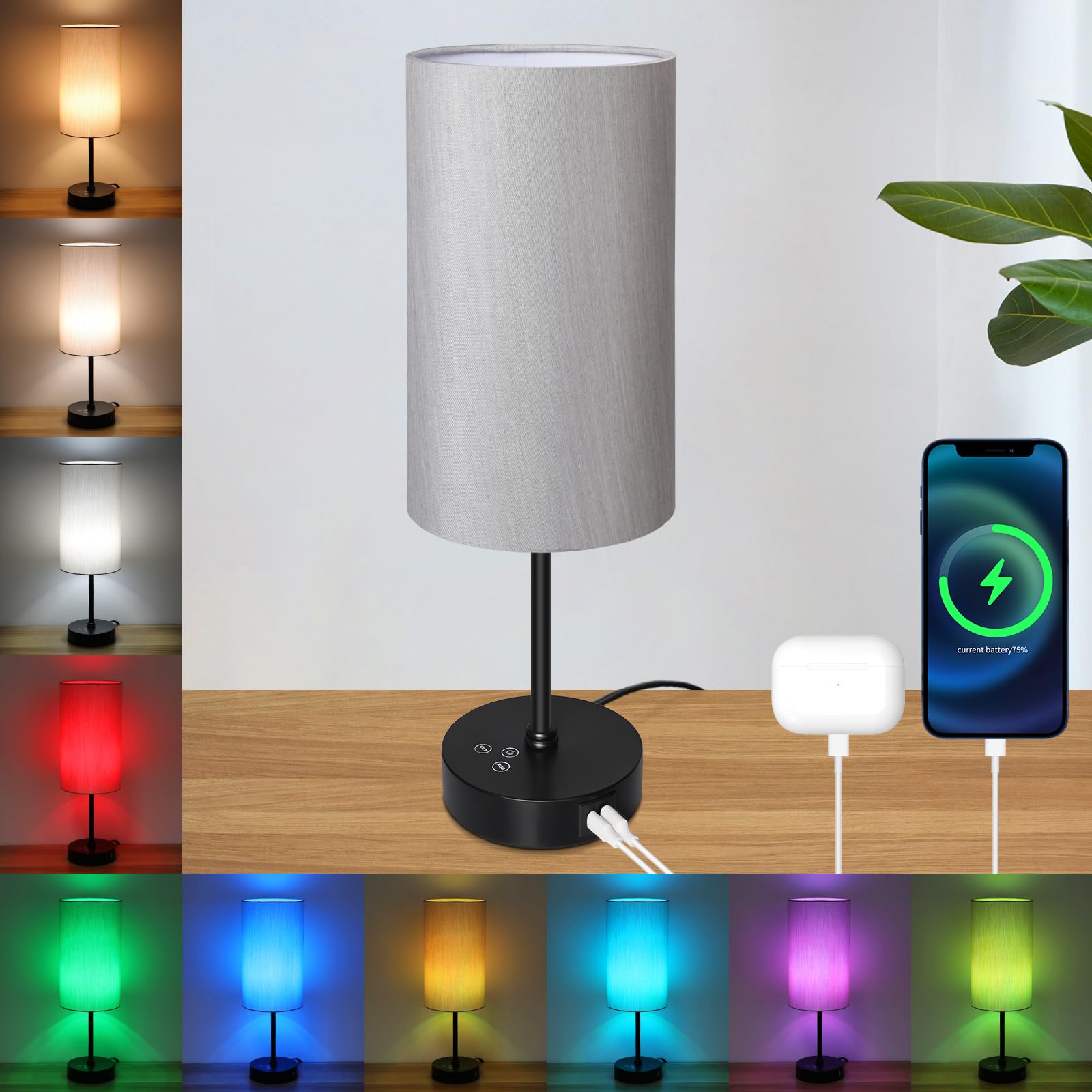 Unicozin Table Lamp, 17Inch Stepless Dimmable, RGB Color Changing, Grey Shade